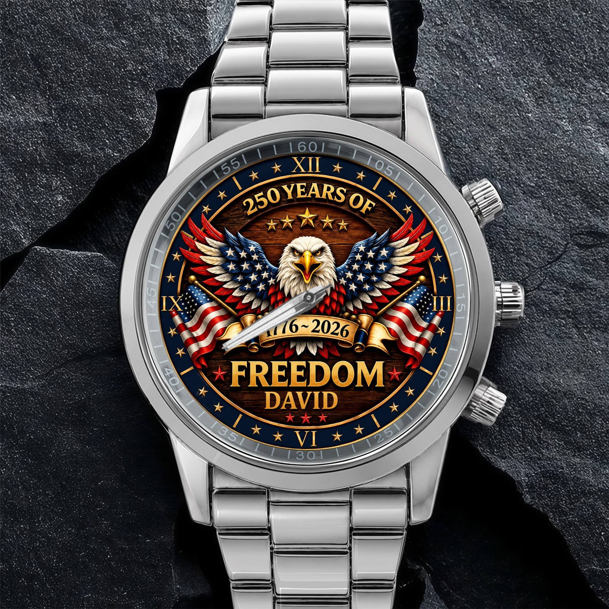 Personalized Black Men's Watch Custom Name Eagle USA Flag Gift for Dad Men's Watch GradoCreations