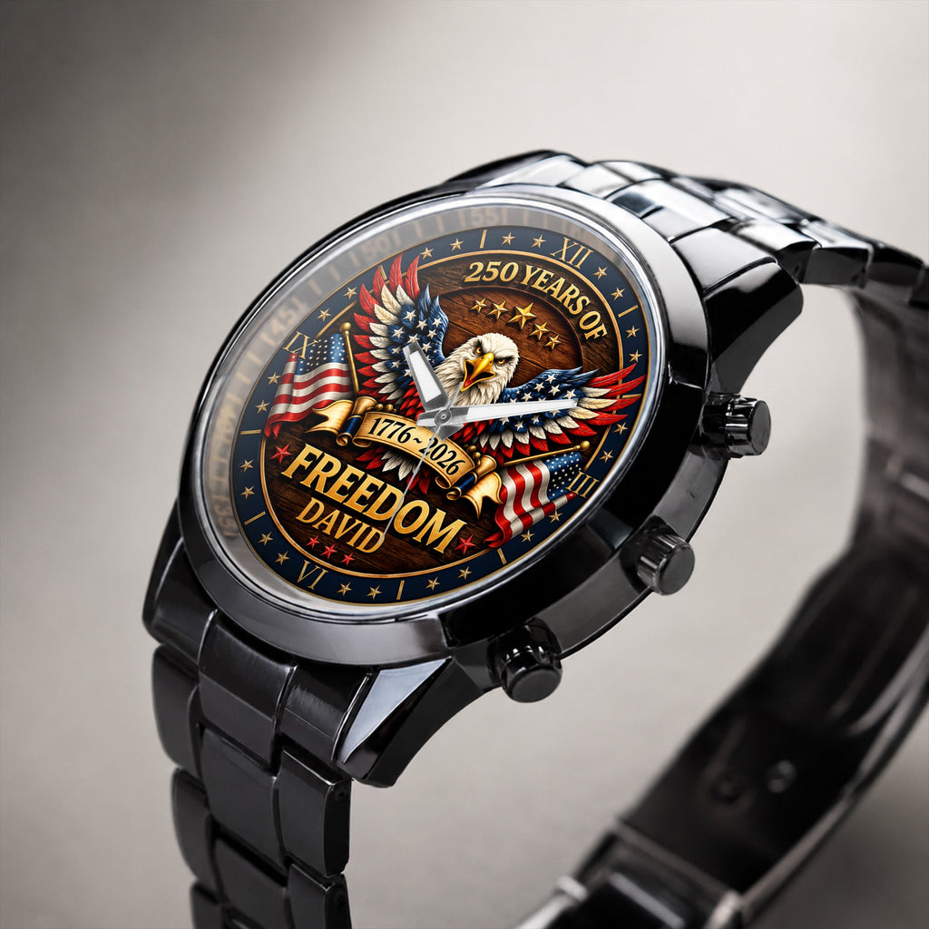 Personalized Black Men's Watch Custom Name Eagle USA Flag Gift for Dad Men's Watch GradoCreations