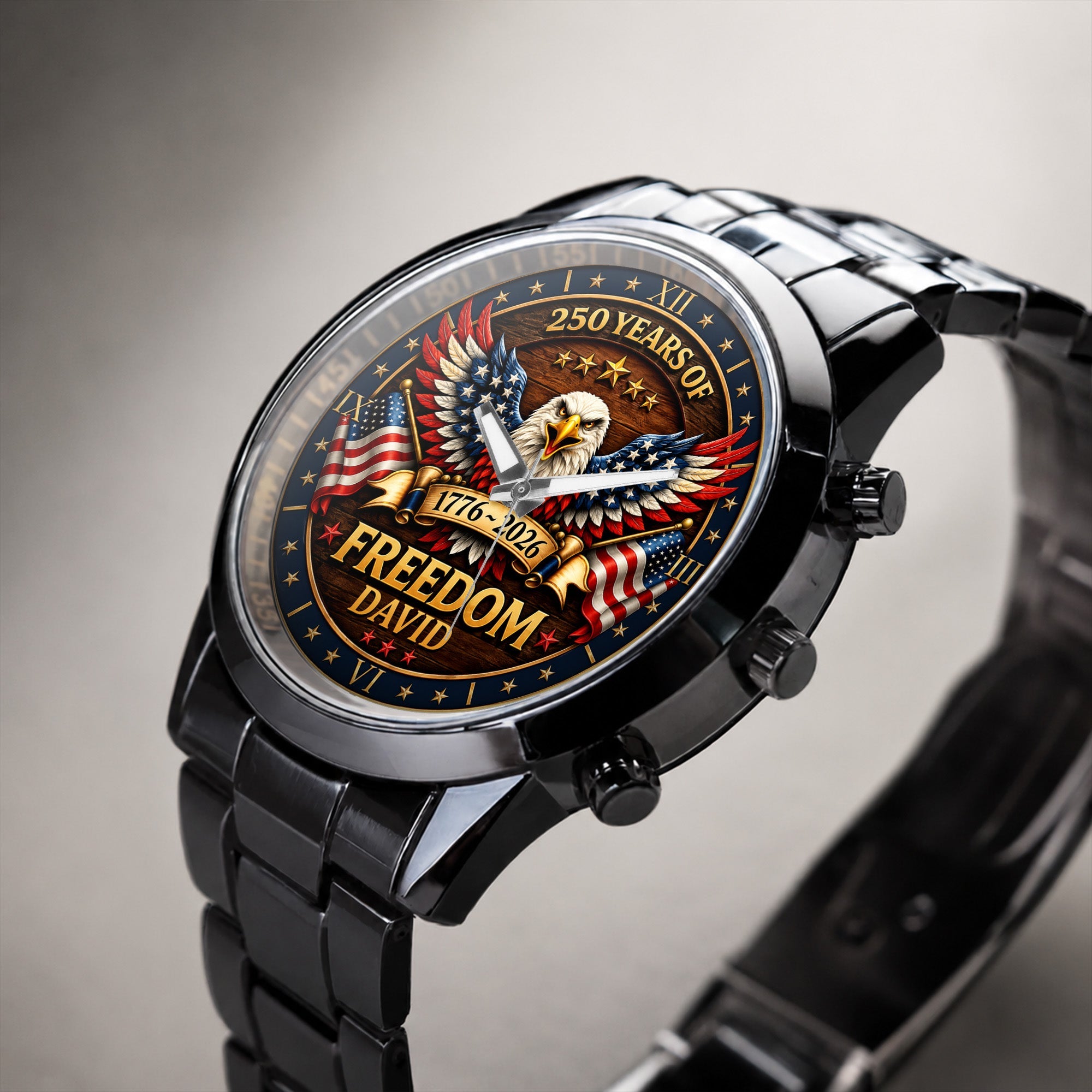 Personalized Black Men's Watch Custom Name Eagle USA Flag Gift for Dad Men's Watch GradoCreations
