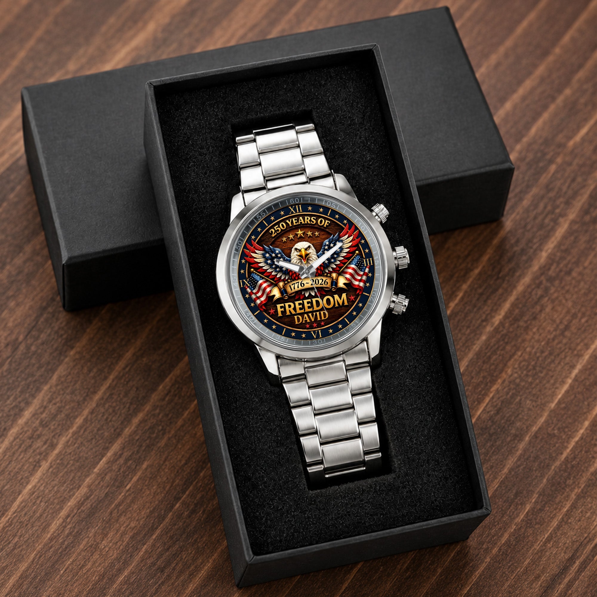 Personalized Black Men's Watch Custom Name Eagle USA Flag Gift for Dad Men's Watch GradoCreations