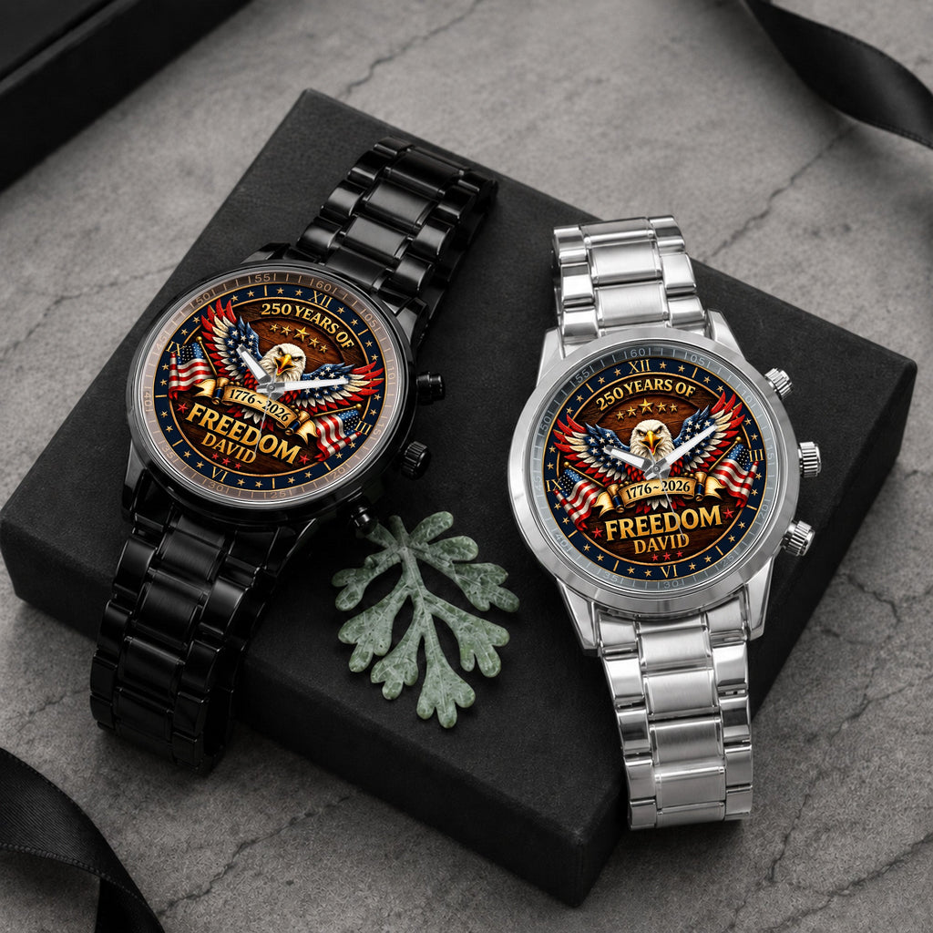 Personalized Black Men's Watch Custom Name Eagle USA Flag Gift for Dad Men's Watch GradoCreations