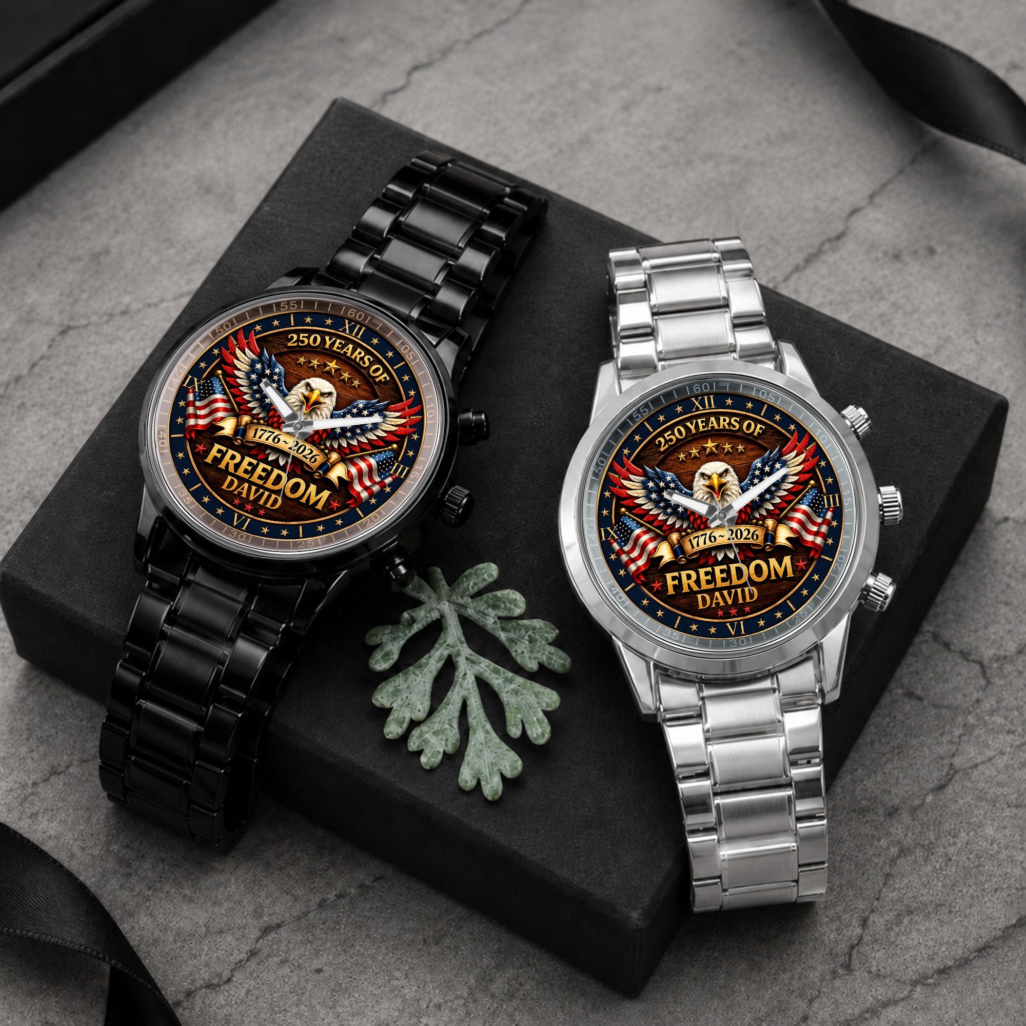 Personalized Black Men's Watch Custom Name Eagle USA Flag Gift for Dad Men's Watch GradoCreations