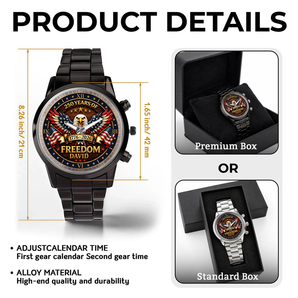 Personalized Black Men's Watch Custom Name Eagle USA Flag Gift for Dad Men's Watch GradoCreations