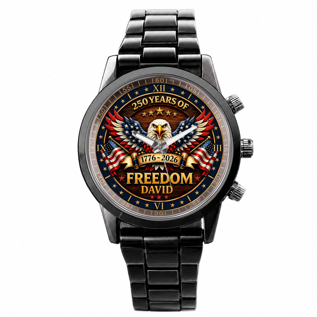 Personalized Black Men's Watch Custom Name Eagle USA Flag Gift for Dad Men's Watch GradoCreations