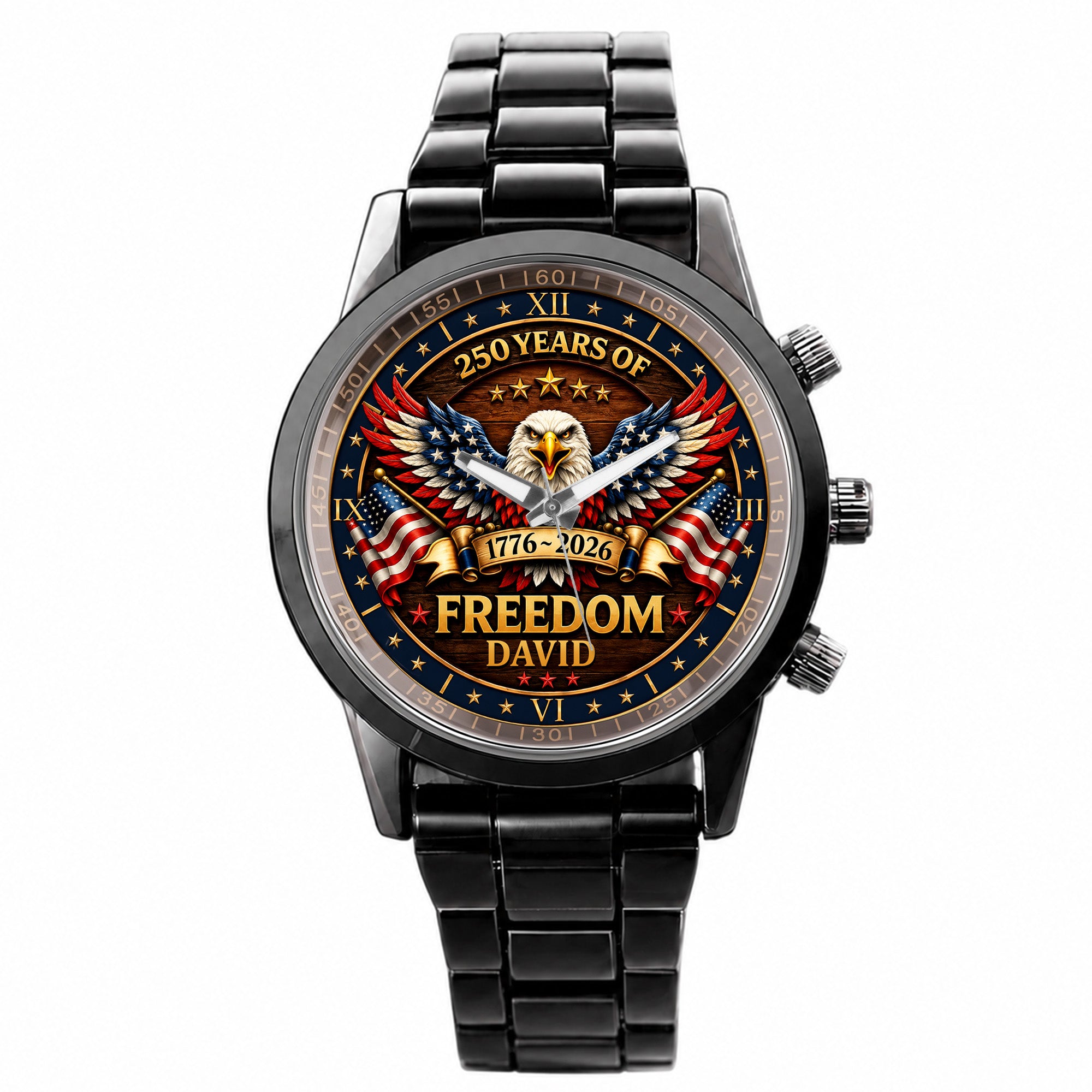 Personalized Black Men's Watch Custom Name Eagle USA Flag Gift for Dad Men's Watch GradoCreations