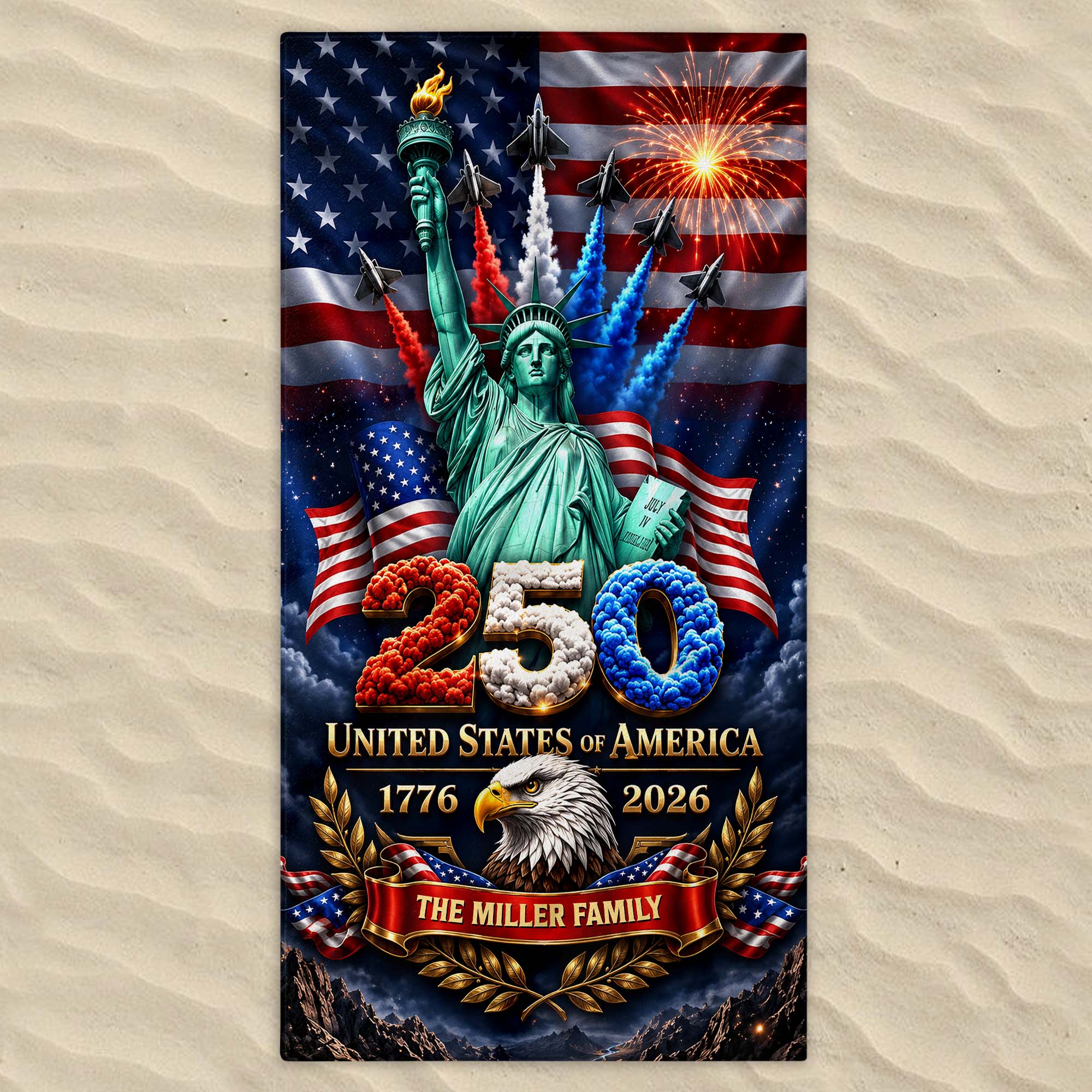 Personalized Microfiber Beach Towel USA Eagle Custom Name Gift Beach Towels GradoCreations
