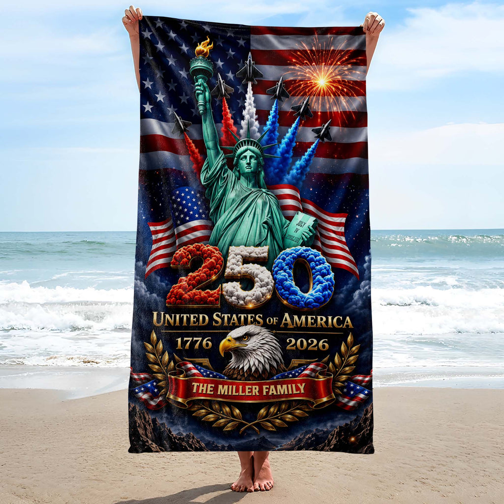 Personalized Microfiber Beach Towel USA Eagle Custom Name Gift Beach Towels GradoCreations