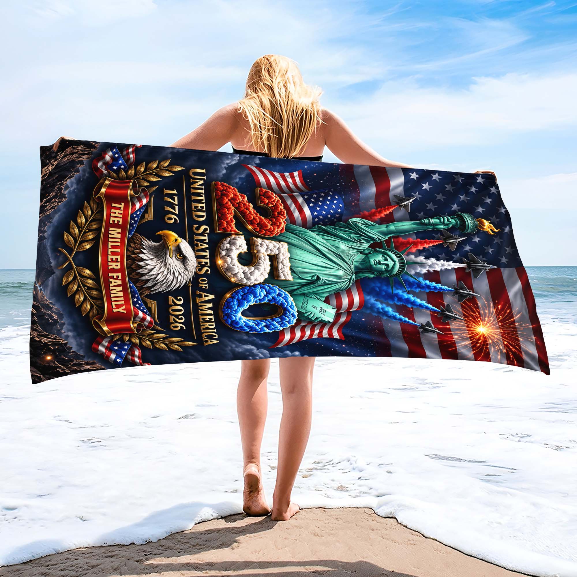 Personalized Microfiber Beach Towel USA Eagle Custom Name Gift Beach Towels GradoCreations