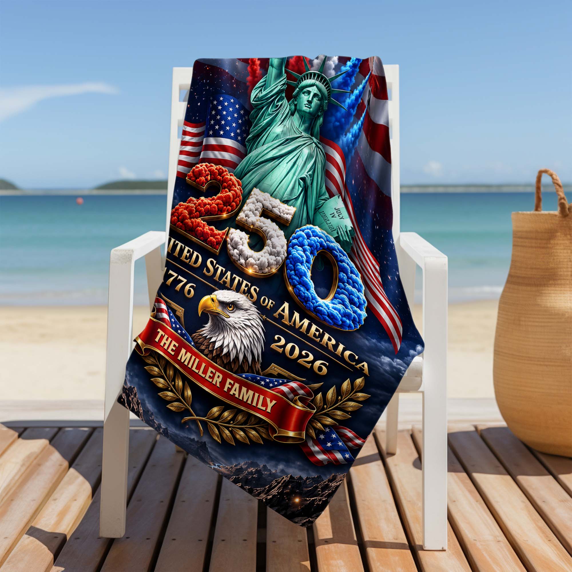 Personalized Microfiber Beach Towel USA Eagle Custom Name Gift Beach Towels GradoCreations