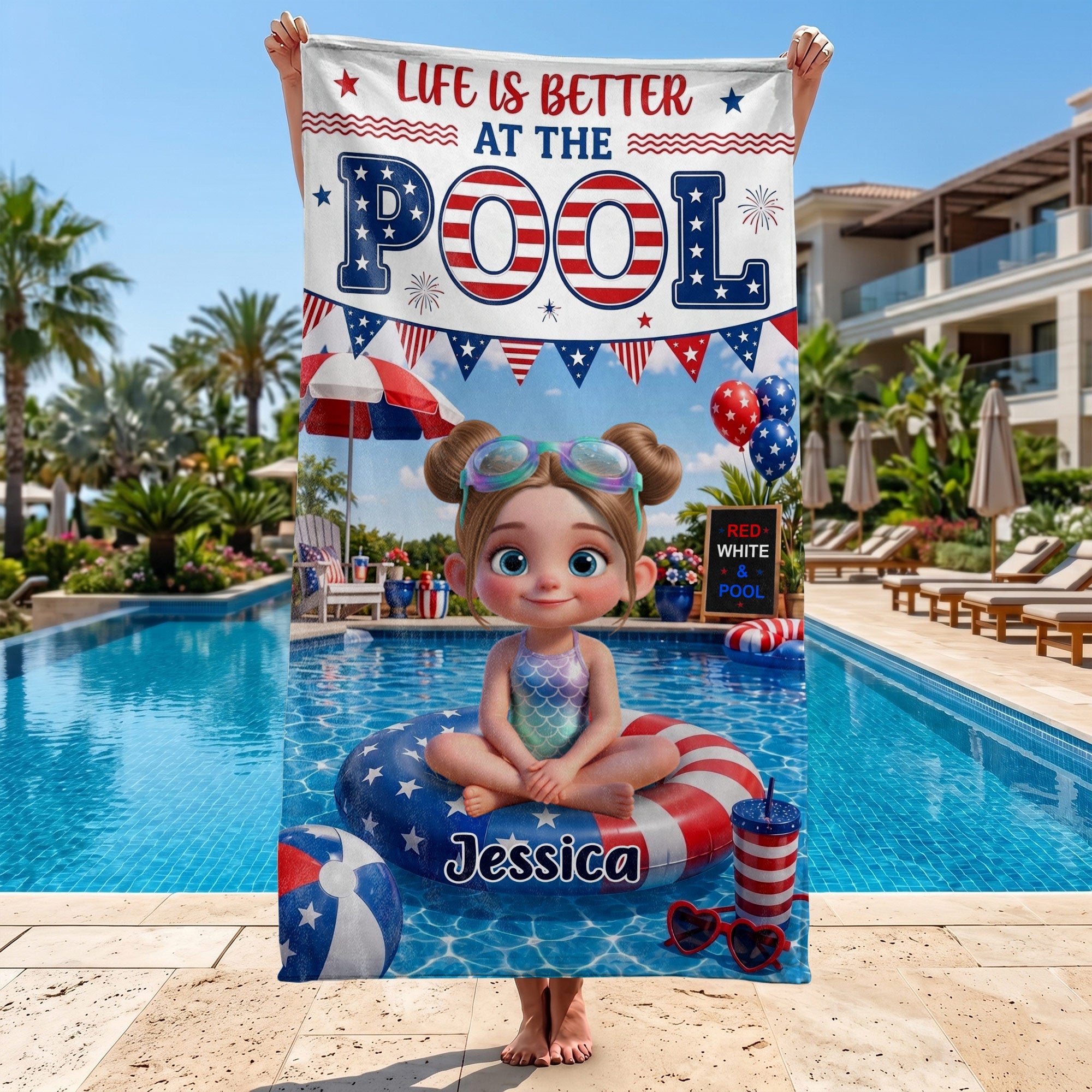 Personalized Beach Towel with American Flag Float for Kids Beach Towels GradoCreations