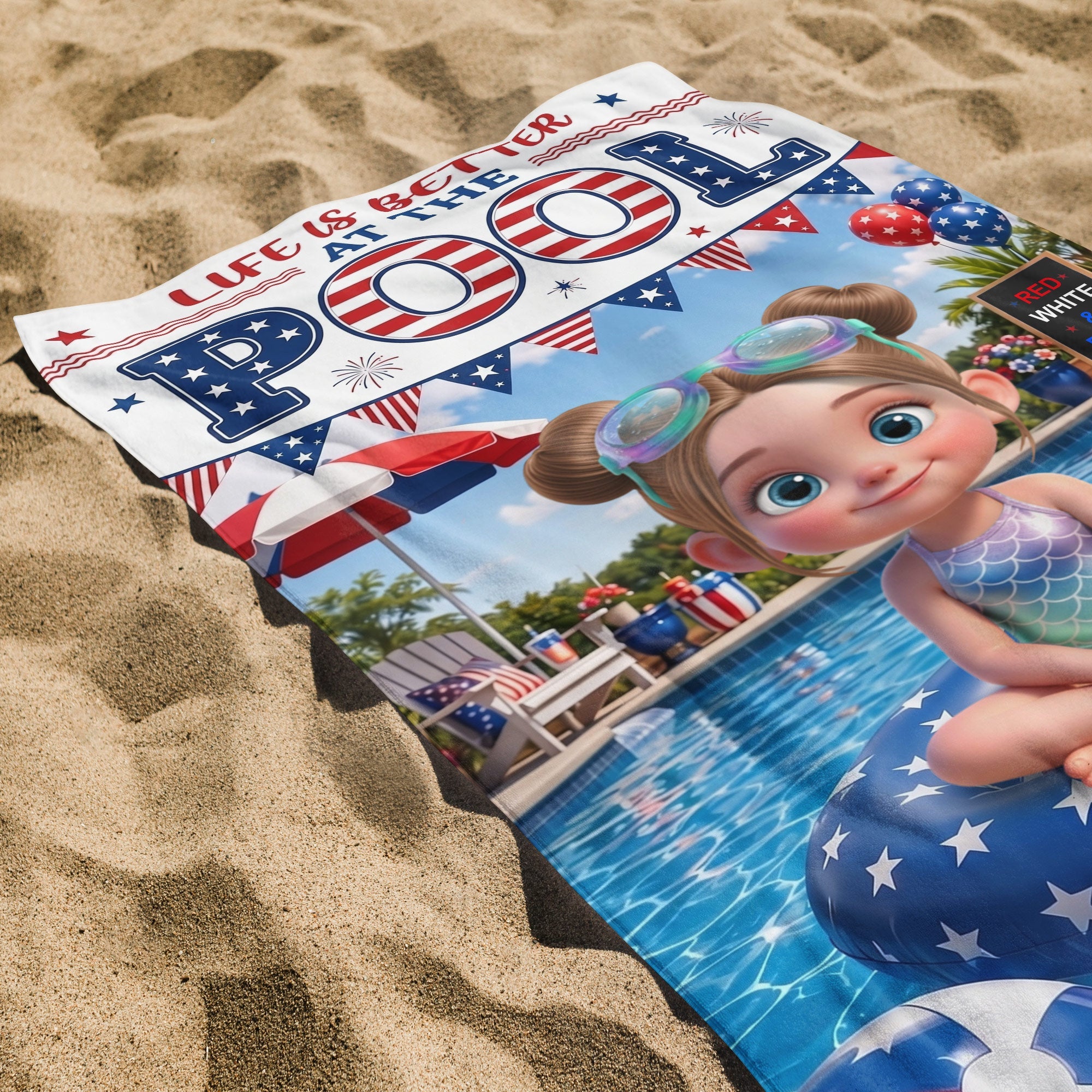 Personalized Beach Towel with American Flag Float for Kids Beach Towels GradoCreations