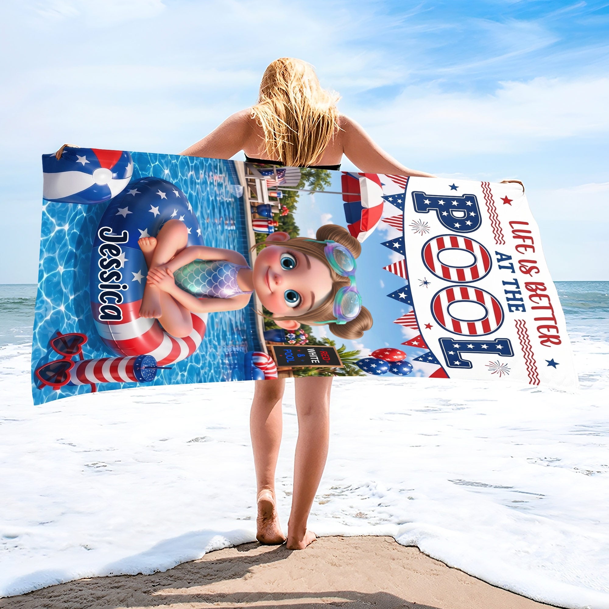 Personalized Beach Towel with American Flag Float for Kids Beach Towels GradoCreations