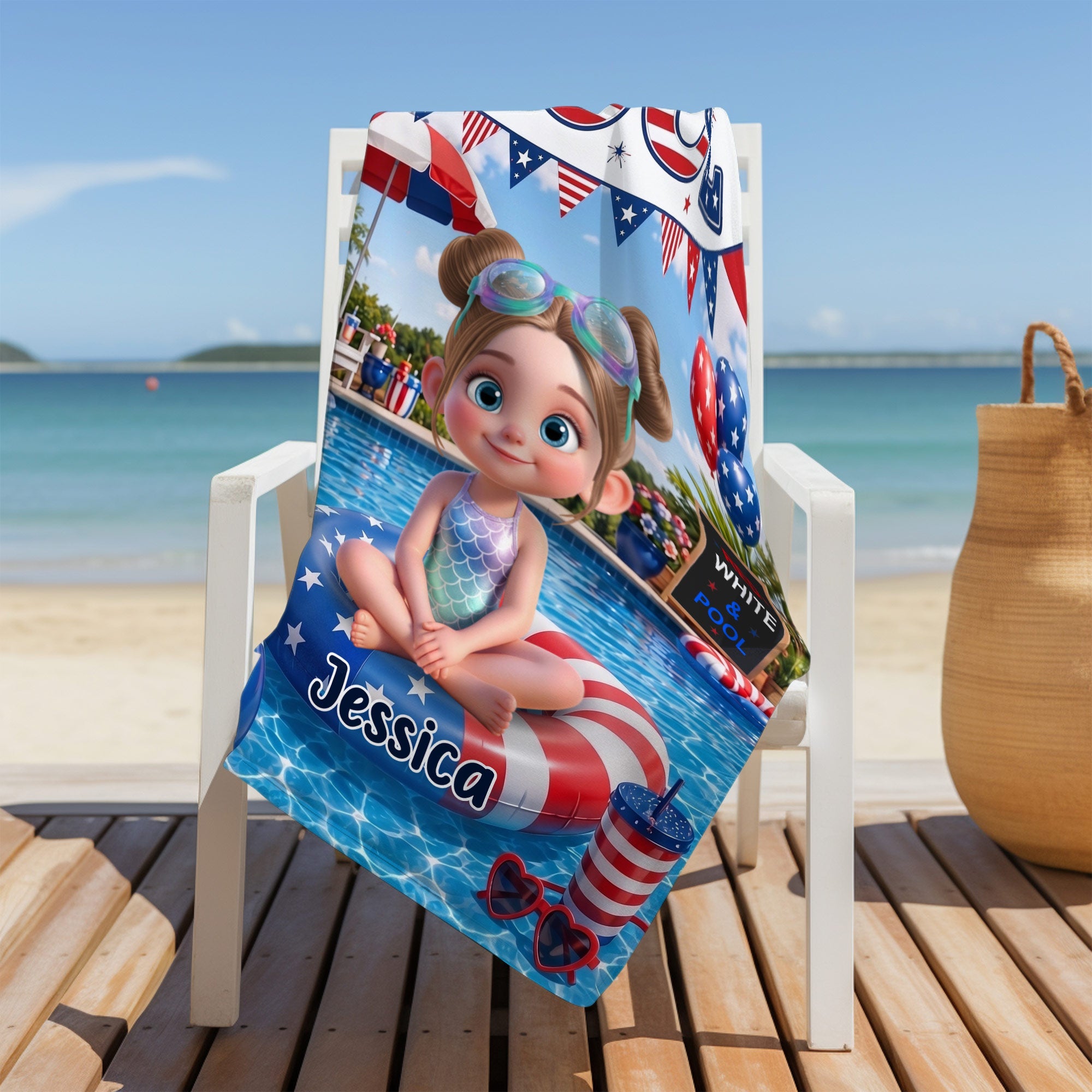 Personalized Beach Towel with American Flag Float for Kids Beach Towels GradoCreations