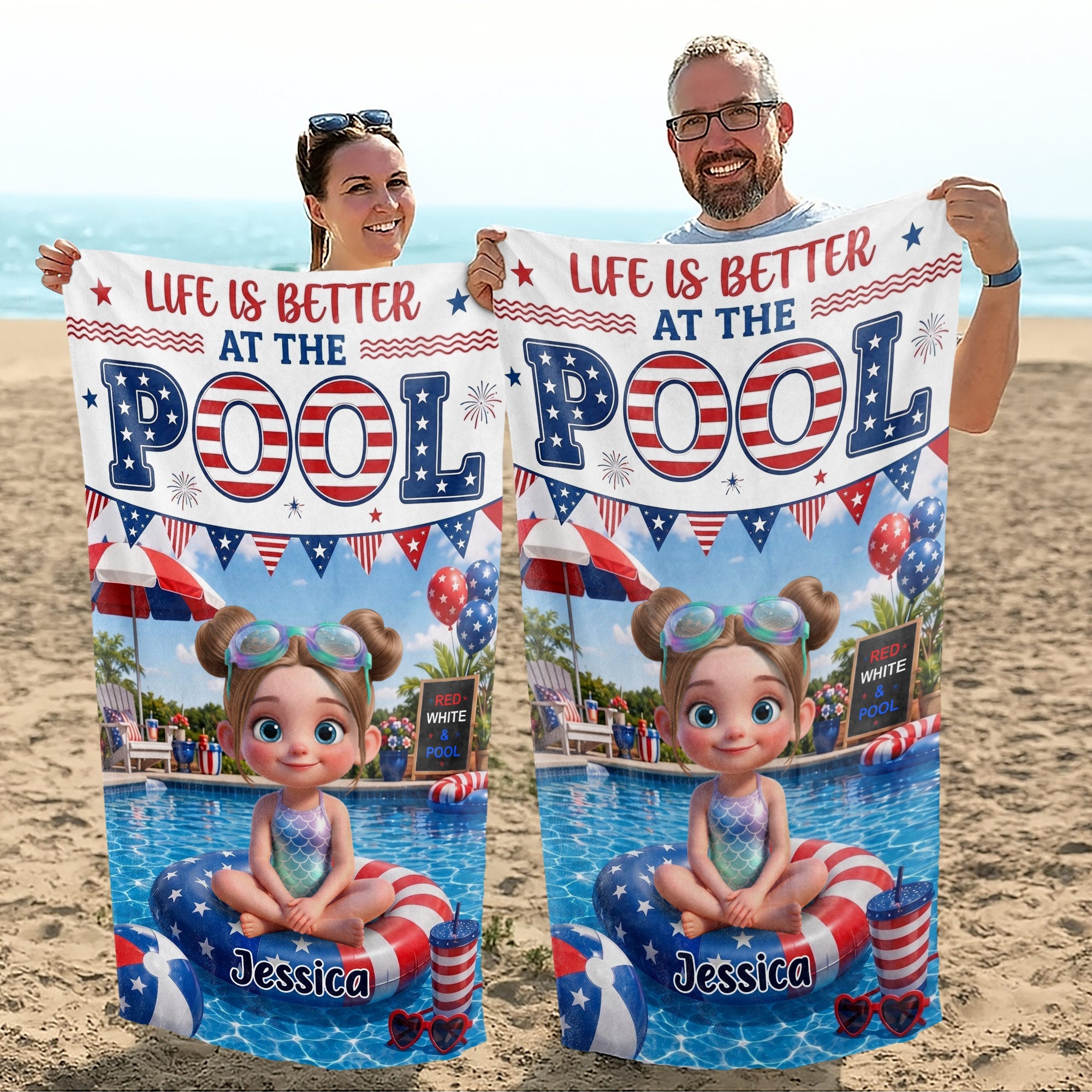 Personalized Beach Towel with American Flag Float for Kids Beach Towels GradoCreations