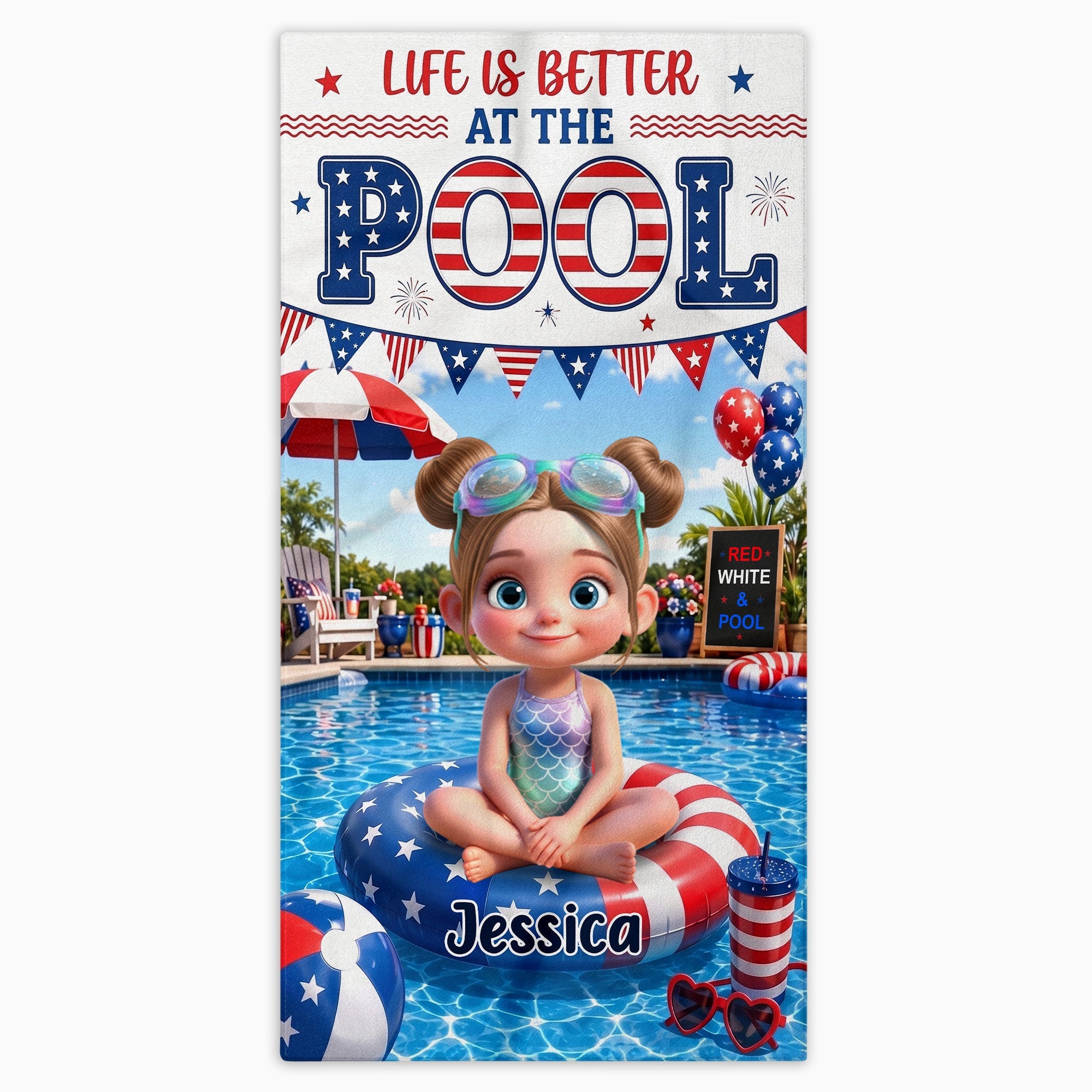 Personalized Beach Towel with American Flag Float for Kids Beach Towels GradoCreations