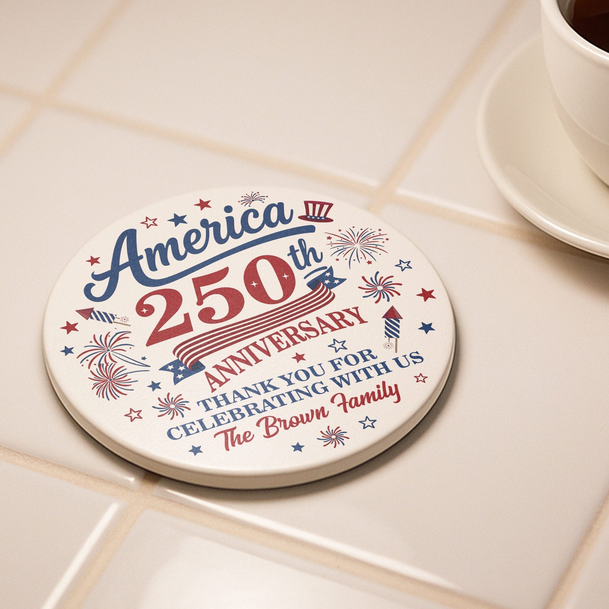 Personalized Ceramic Coaster Custom Name Fireworks Gift for Family Ceramic Coaster GradoCreations
