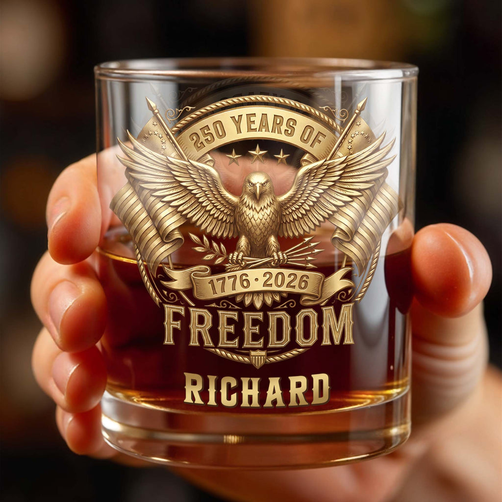 Personalized Custom Whiskey Glass with Eagle & Flags Gift for Dad Whiskey Glass GradoCreations