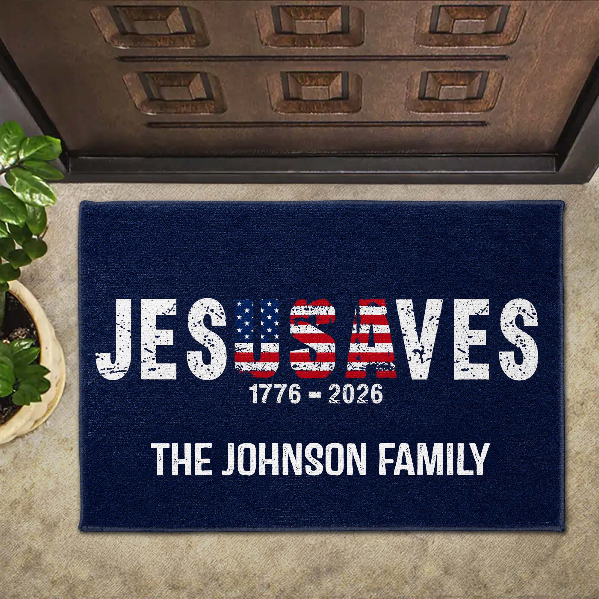 Personalized Jesus Saves USA Flag Family Name Doormat Doormat GradoCreations