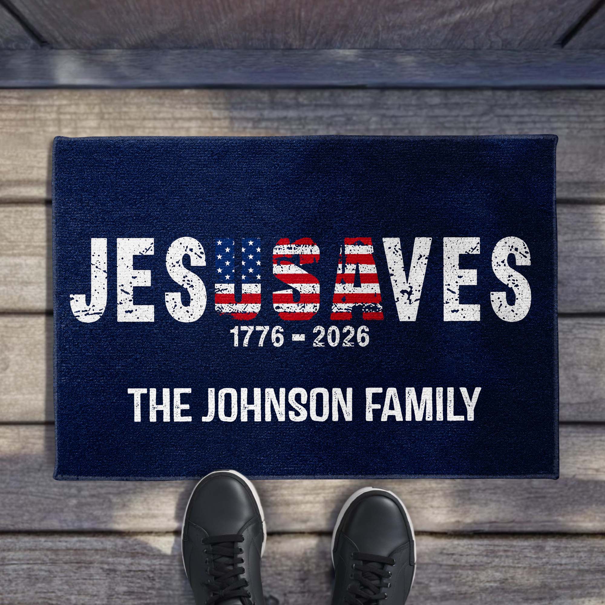 Personalized Jesus Saves USA Flag Family Name Doormat Doormat GradoCreations