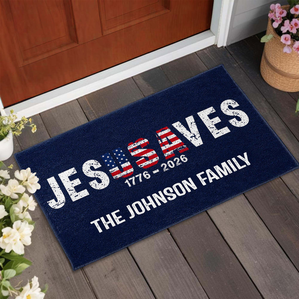 Personalized Jesus Saves USA Flag Family Name Doormat Doormat GradoCreations