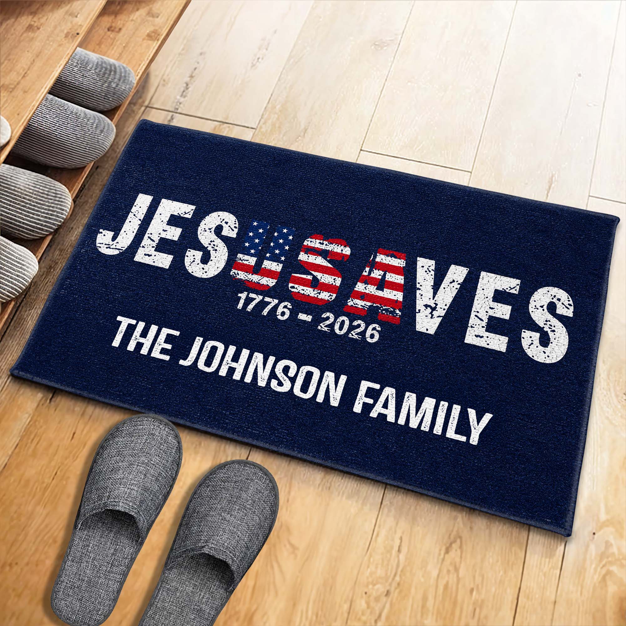 Personalized Jesus Saves USA Flag Family Name Doormat Doormat GradoCreations