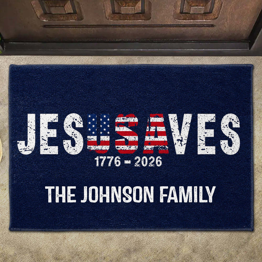 Personalized Jesus Saves USA Flag Family Name Doormat Doormat GradoCreations