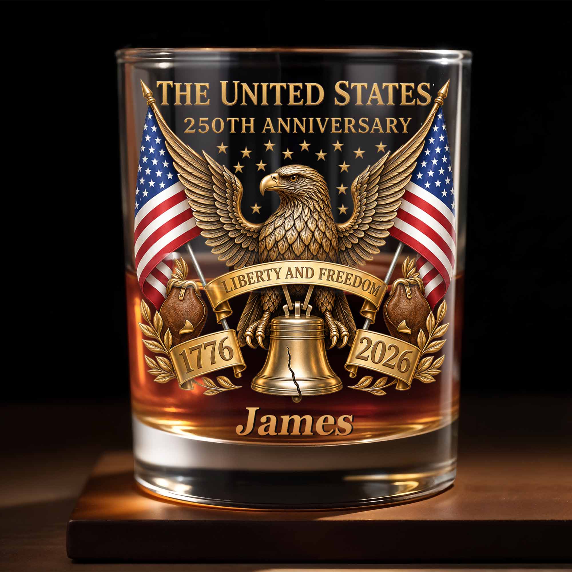 Personalized Custom Whiskey Glass Gift for Dad - 4th of July Eagle & Liberty Bell Whiskey Glass GradoCreations