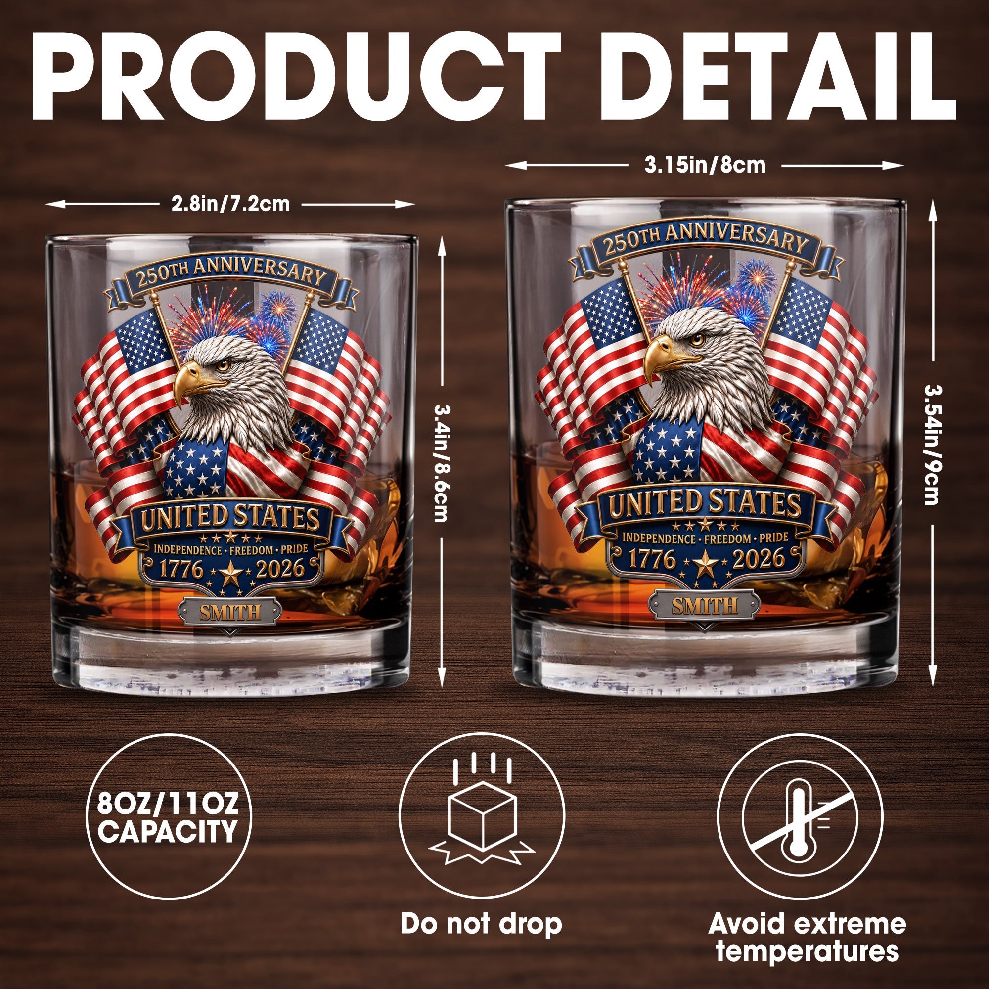 Personalized Custom Whiskey Glass Gift for Dad, USA Flag Design, 8oz or 11oz Whiskey Glass GradoCreations