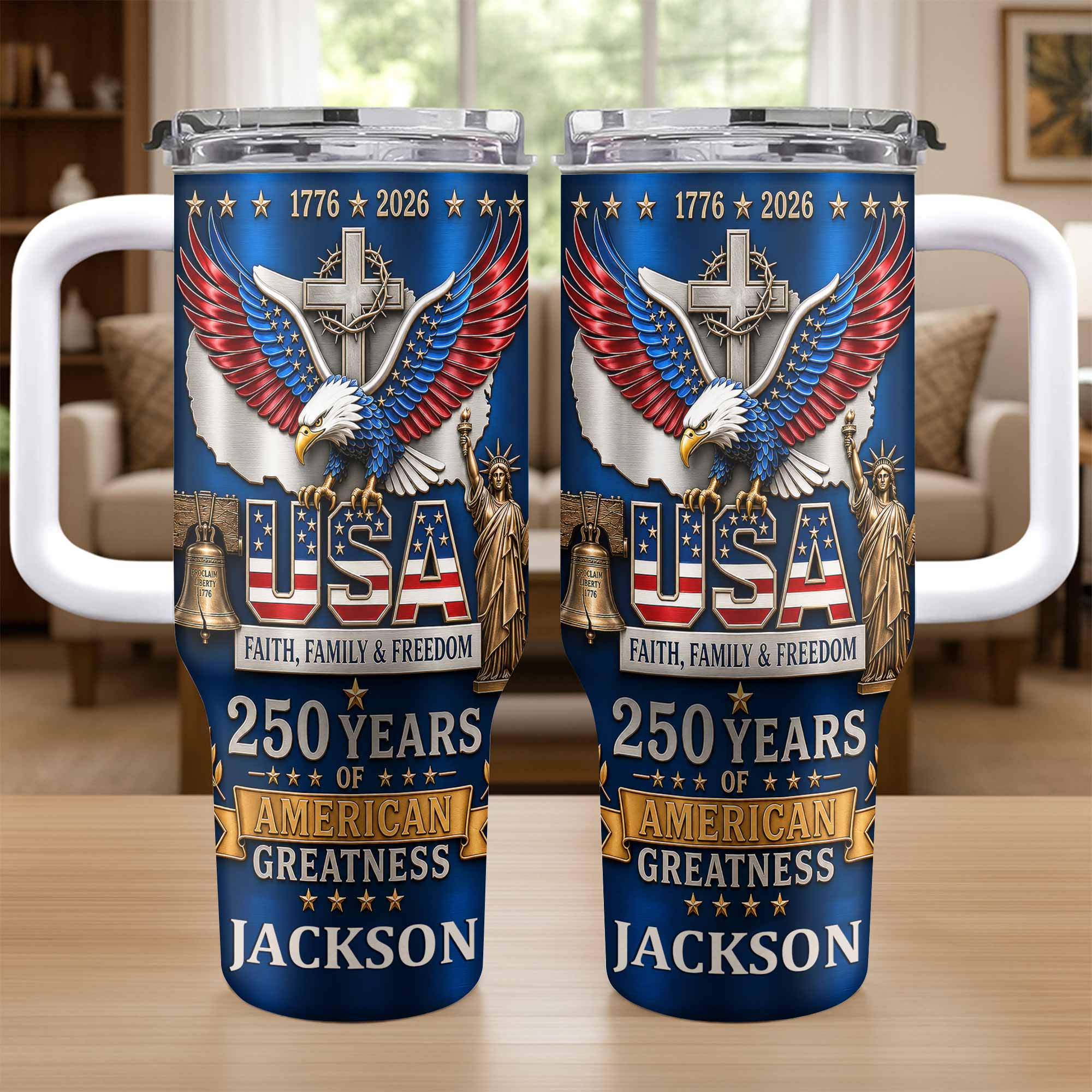 Personalized 40oz Tumbler USA Flag Eagle Custom Name Gift for Dad 40oz Tumbler GradoCreations
