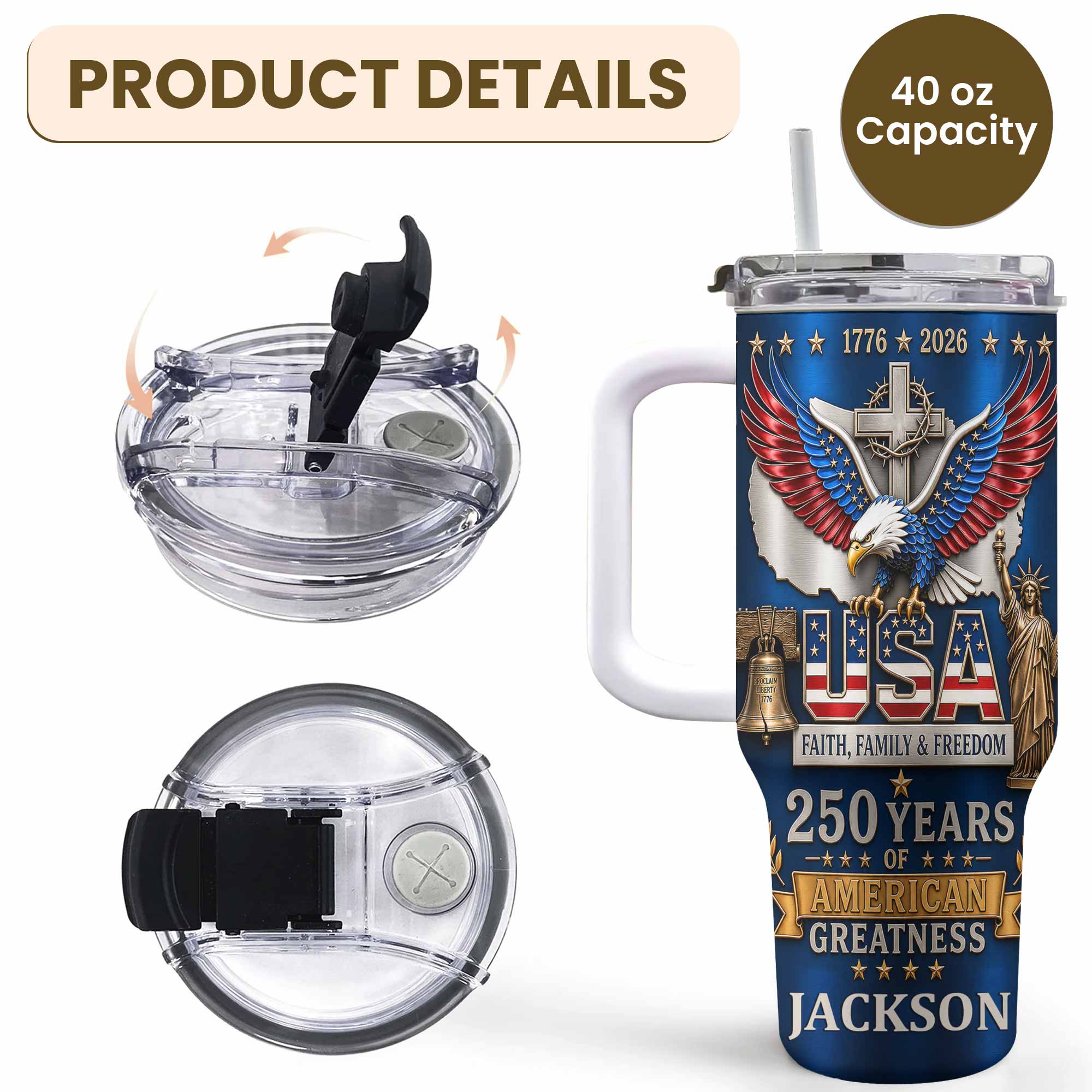 Personalized 40oz Tumbler USA Flag Eagle Custom Name Gift for Dad 40oz Tumbler GradoCreations