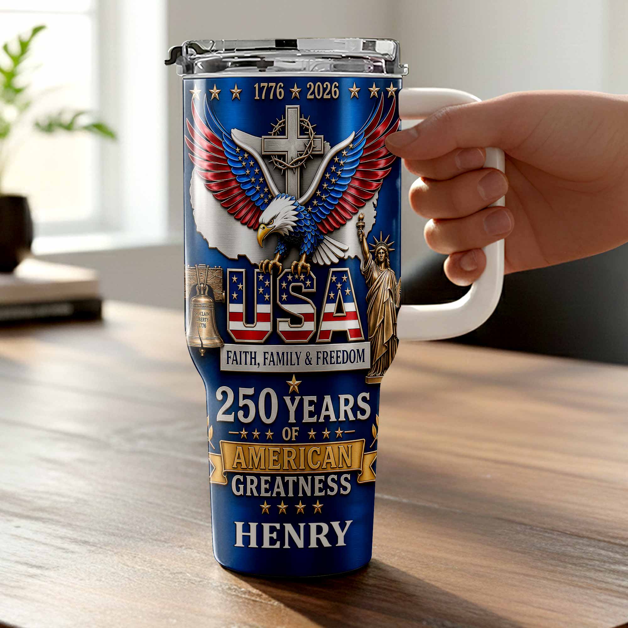 Personalized 40oz Tumbler USA Flag Eagle Custom Name Gift for Dad 40oz Tumbler GradoCreations