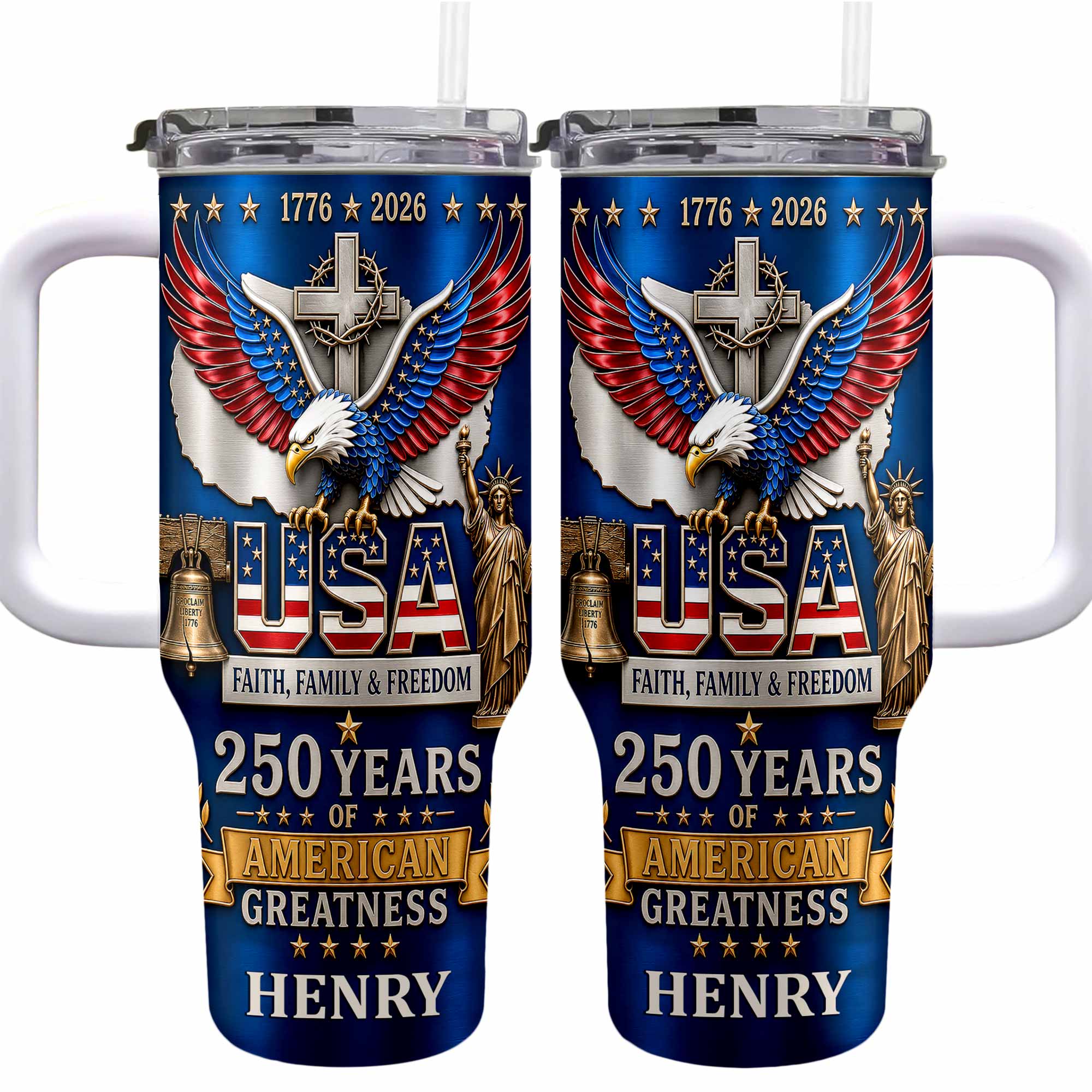 Personalized 40oz Tumbler USA Flag Eagle Custom Name Gift for Dad 40oz Tumbler GradoCreations