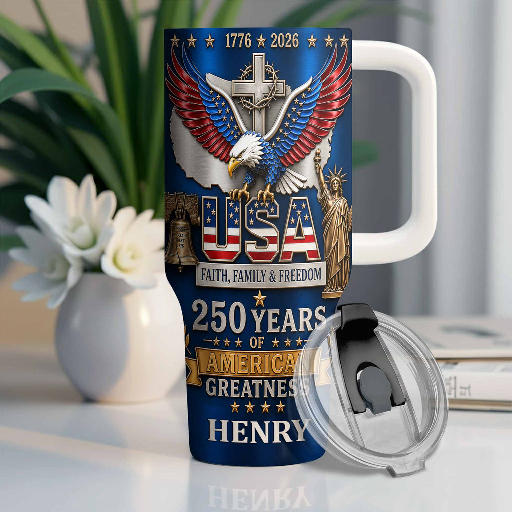 Personalized 40oz Tumbler USA Flag Eagle Custom Name Gift for Dad 40oz Tumbler GradoCreations
