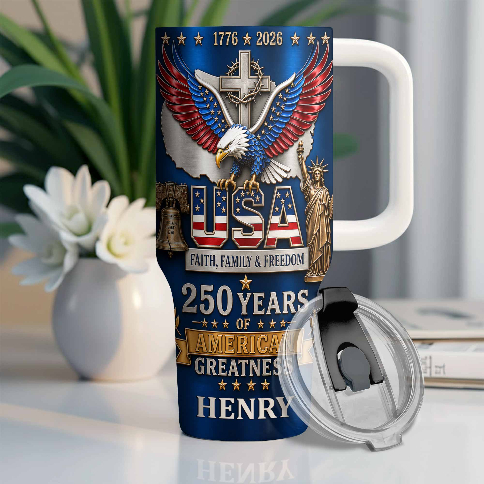 Personalized 40oz Tumbler USA Flag Eagle Custom Name Gift for Dad 40oz Tumbler GradoCreations