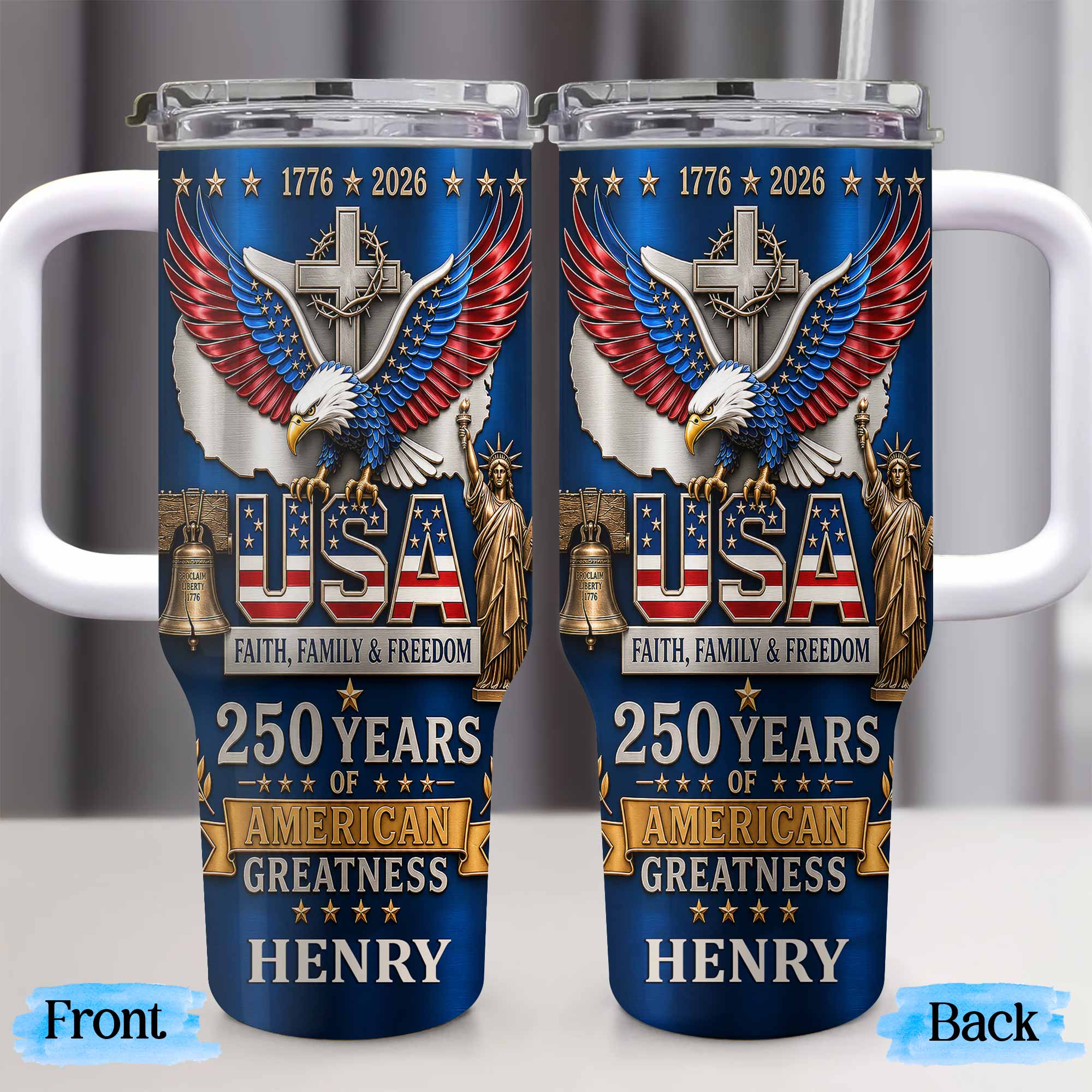 Personalized 40oz Tumbler USA Flag Eagle Custom Name Gift for Dad 40oz Tumbler GradoCreations