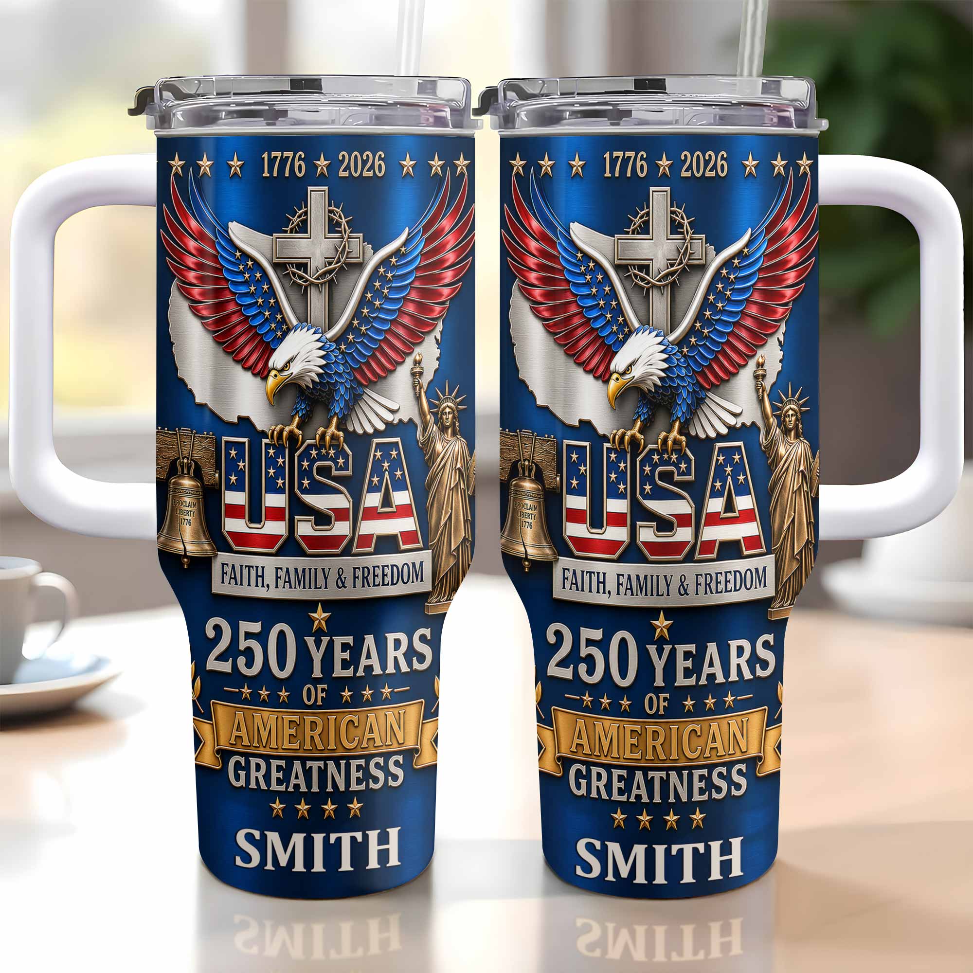 Personalized 40oz Tumbler USA Flag Eagle Custom Name Gift for Dad 40oz Tumbler GradoCreations
