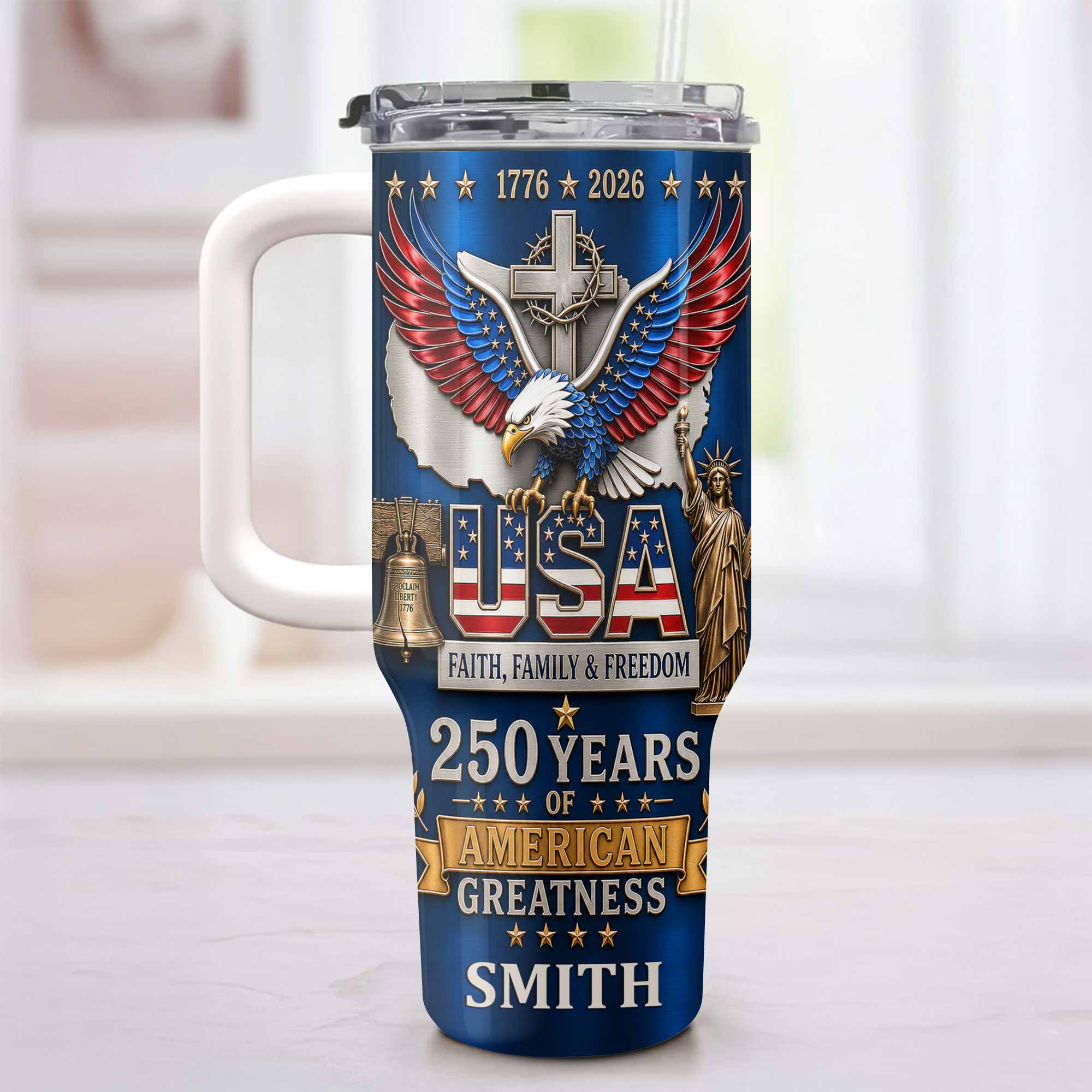 Personalized 40oz Tumbler USA Flag Eagle Custom Name Gift for Dad 40oz Tumbler GradoCreations