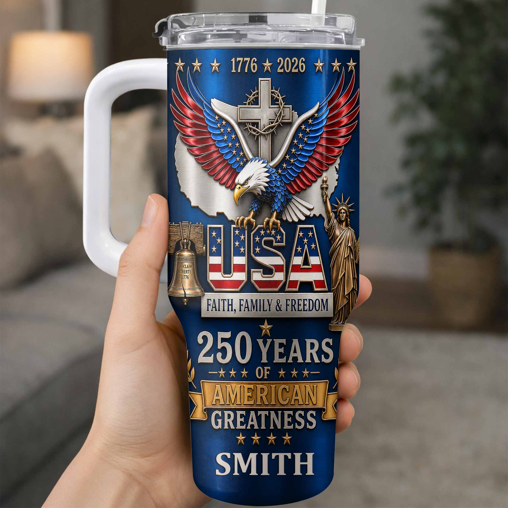 Personalized 40oz Tumbler USA Flag Eagle Custom Name Gift for Dad 40oz Tumbler GradoCreations