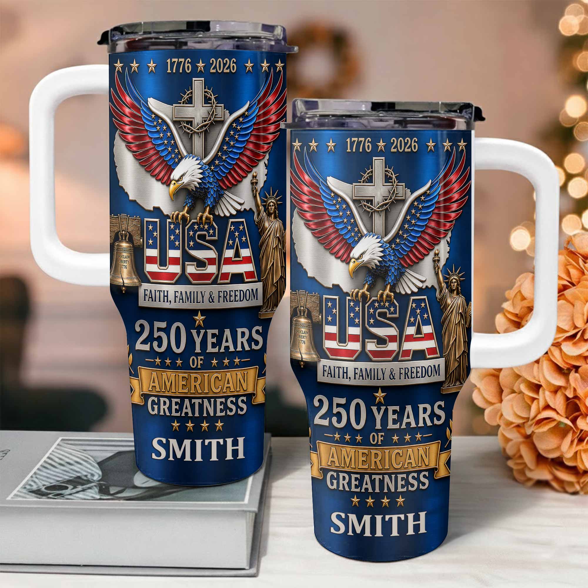 Personalized 40oz Tumbler USA Flag Eagle Custom Name Gift for Dad 40oz Tumbler GradoCreations