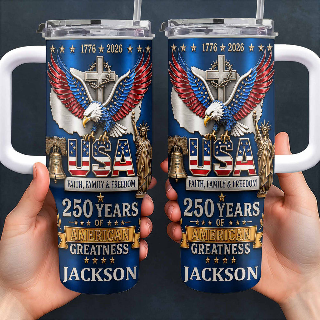 Personalized 40oz Tumbler USA Flag Eagle Custom Name Gift for Dad 40oz Tumbler GradoCreations