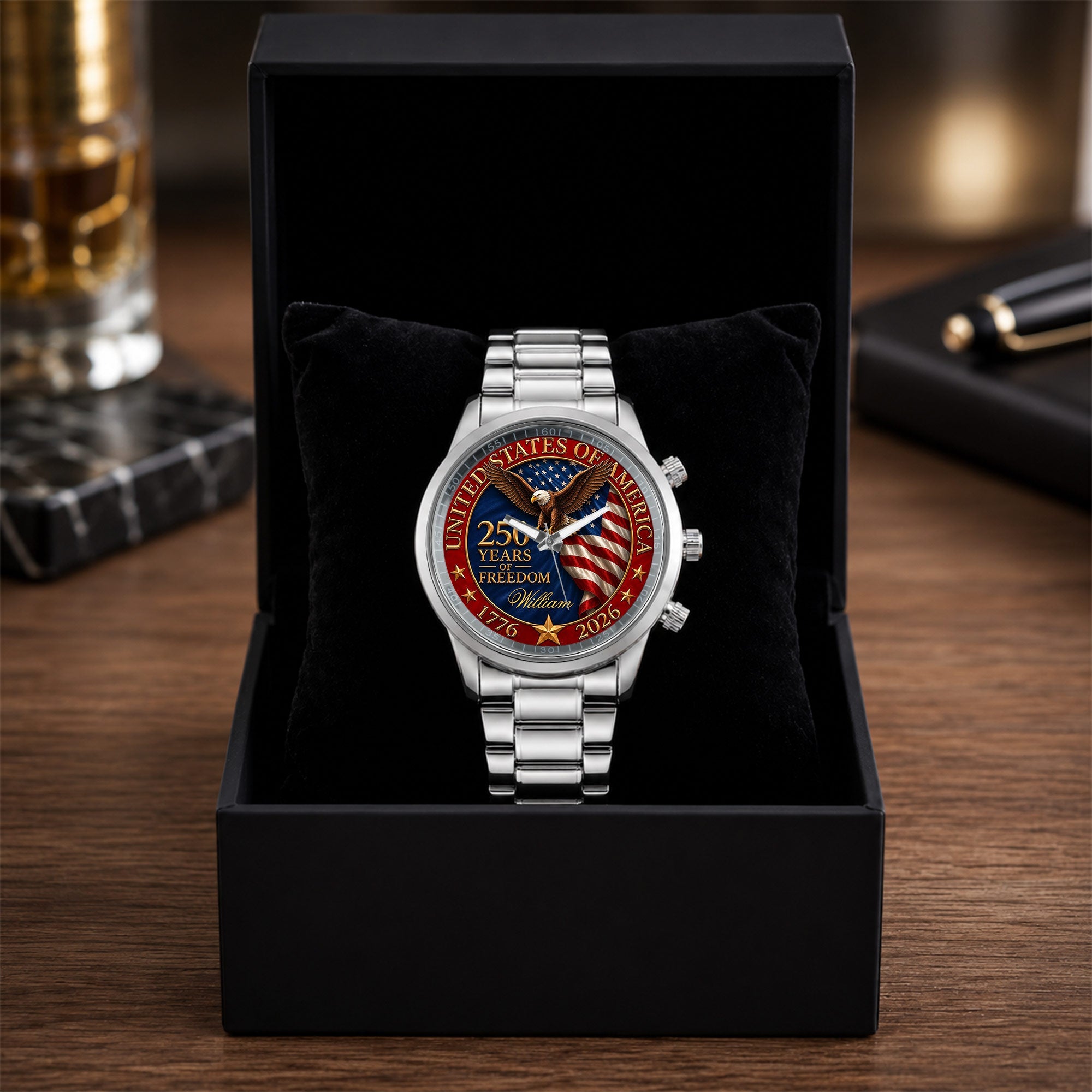 Personalized Men's Watch Custom Name Eagle Flag Gift for Dad Men's Watch GradoCreations