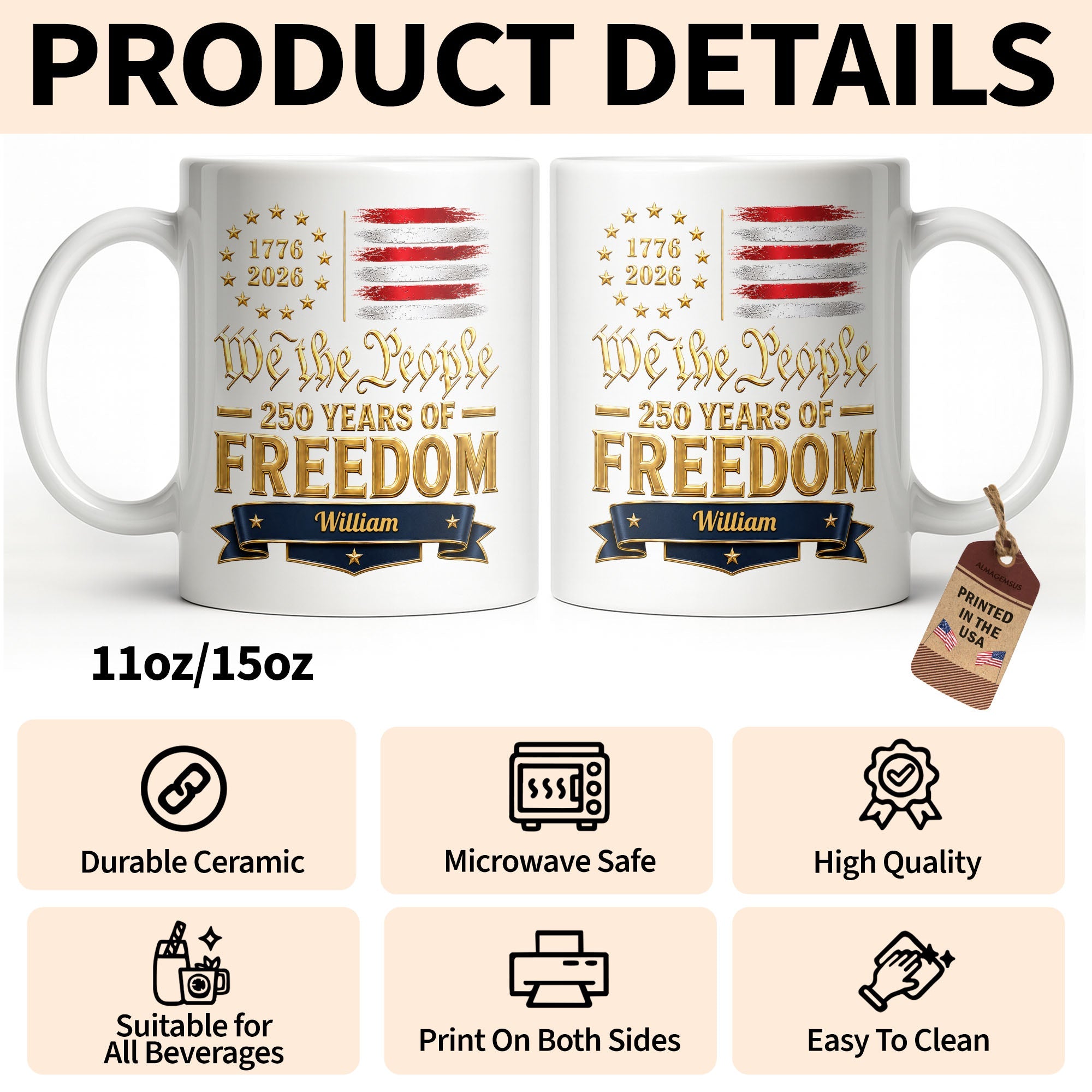 Personalized Edge-to-Edge Mug American Flag Gift for Dad Edge-to-edge Mug GradoCreations