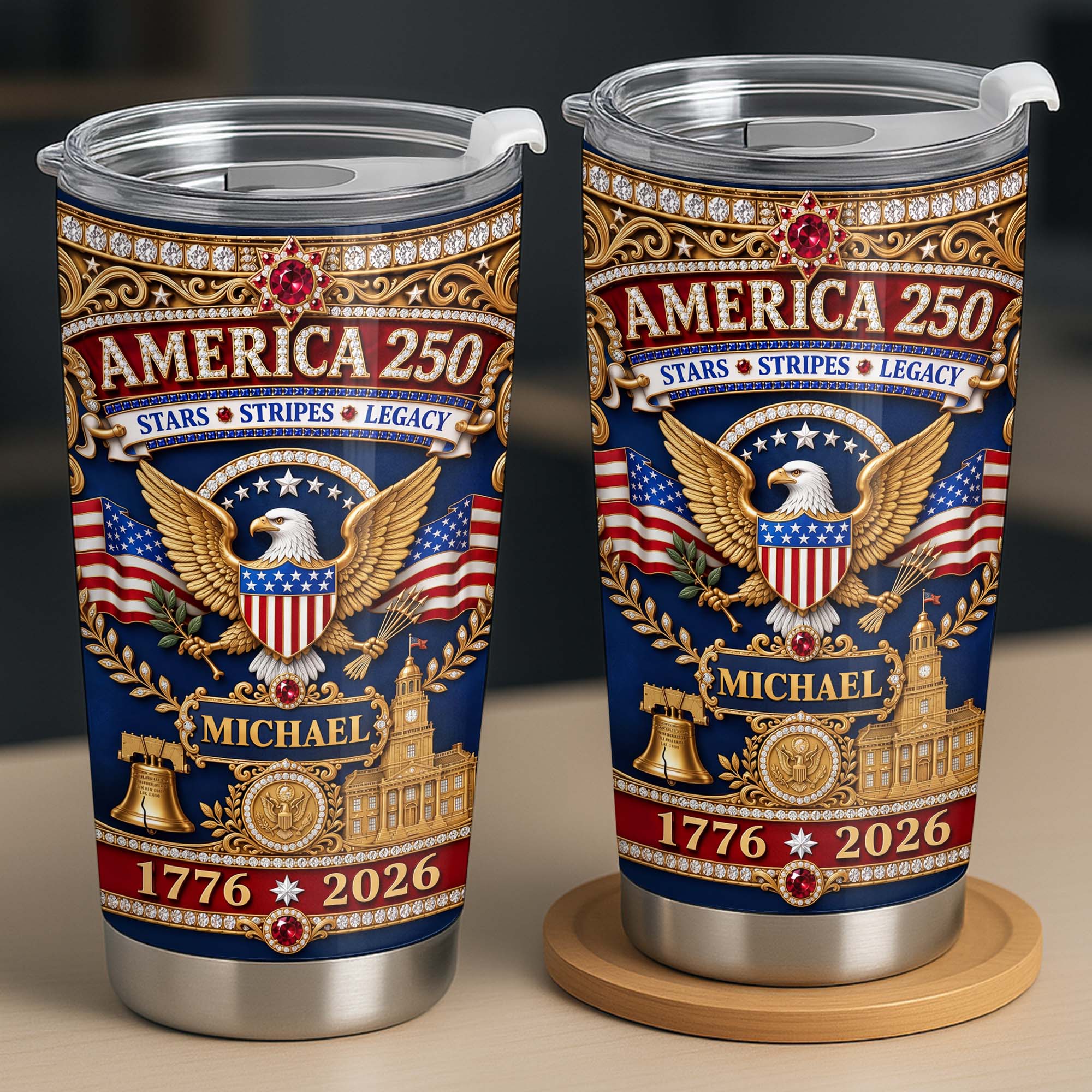 Personalized 20oz Stainless Steel Tumbler Custom Name Gift for Dad Independence Day 20oz Tumbler GradoCreations