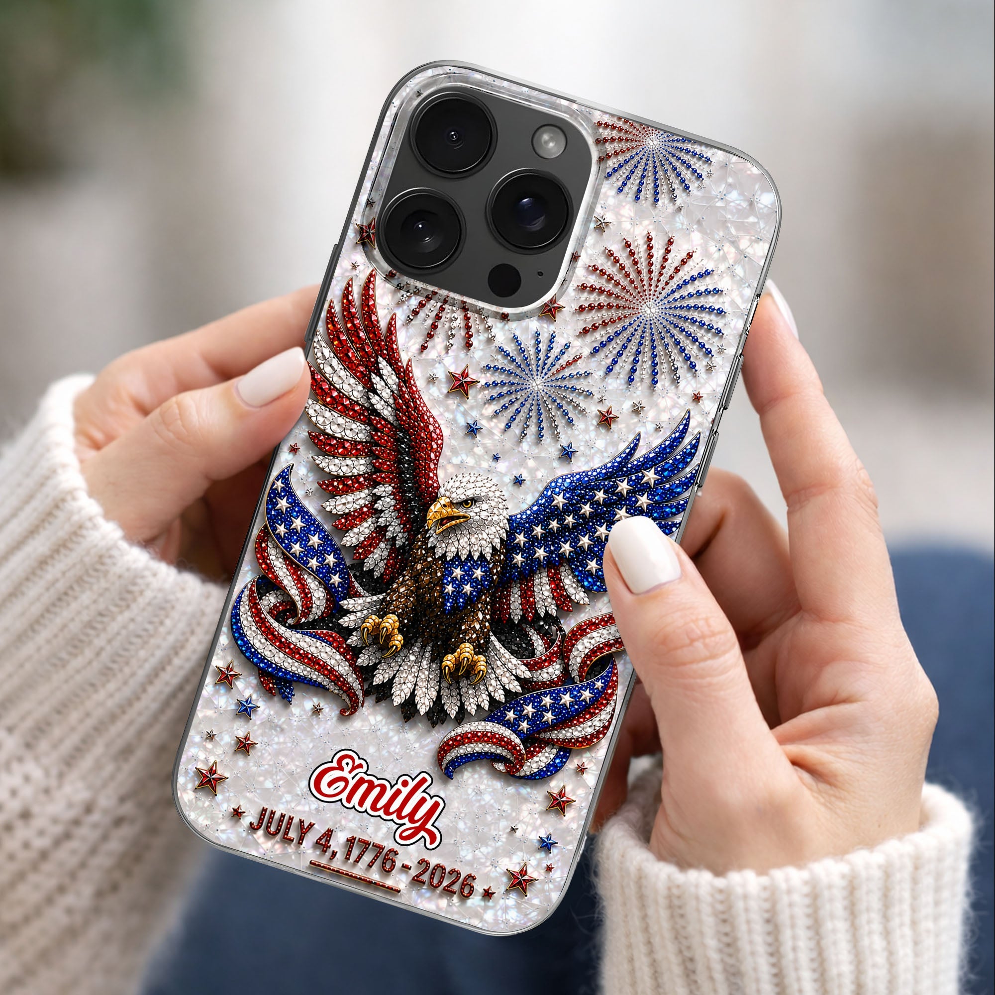 Personalized Clear Phone Case with Bald Eagle American Flag for 4th of July Clear Phone Case GradoCreations