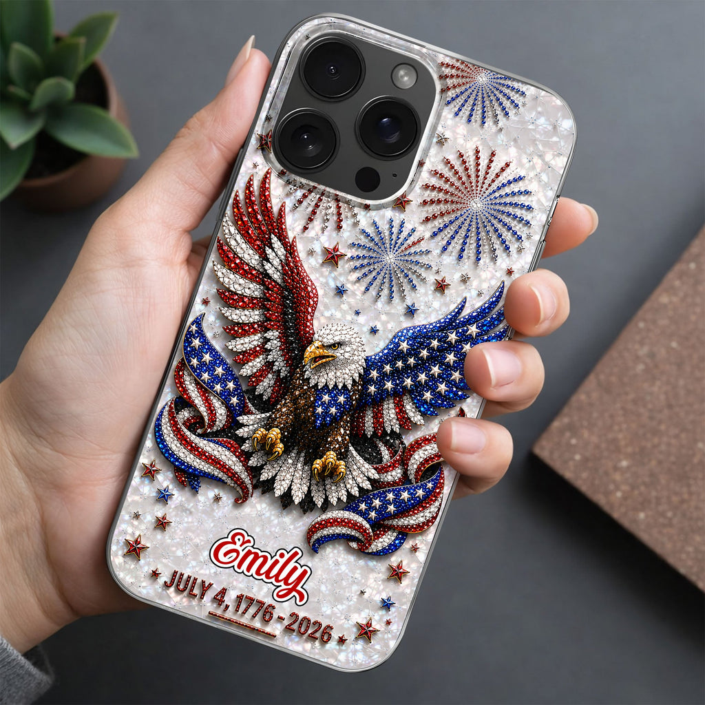 Personalized Clear Phone Case with Bald Eagle American Flag for 4th of July Clear Phone Case GradoCreations