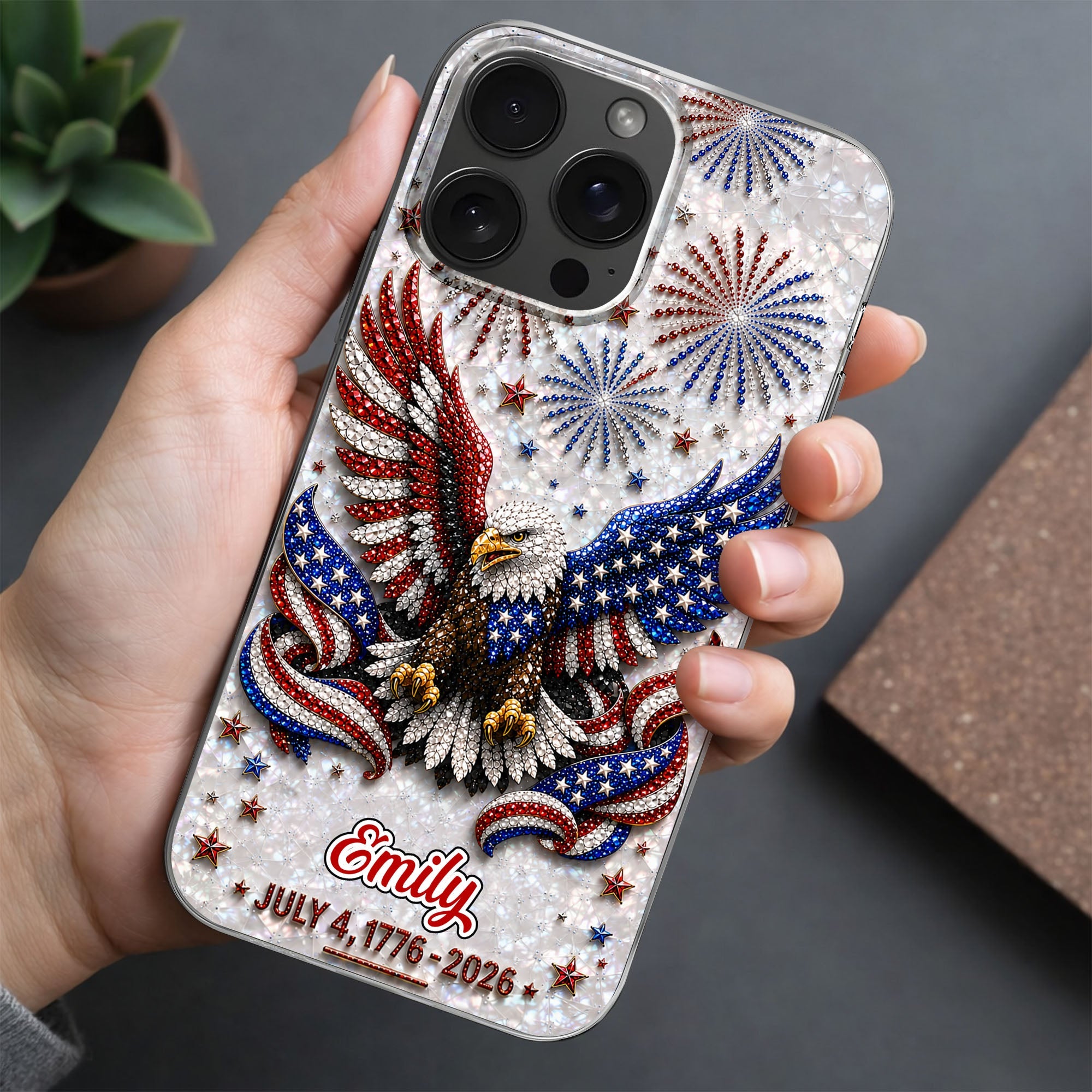 Personalized Clear Phone Case with Bald Eagle American Flag for 4th of July Clear Phone Case GradoCreations