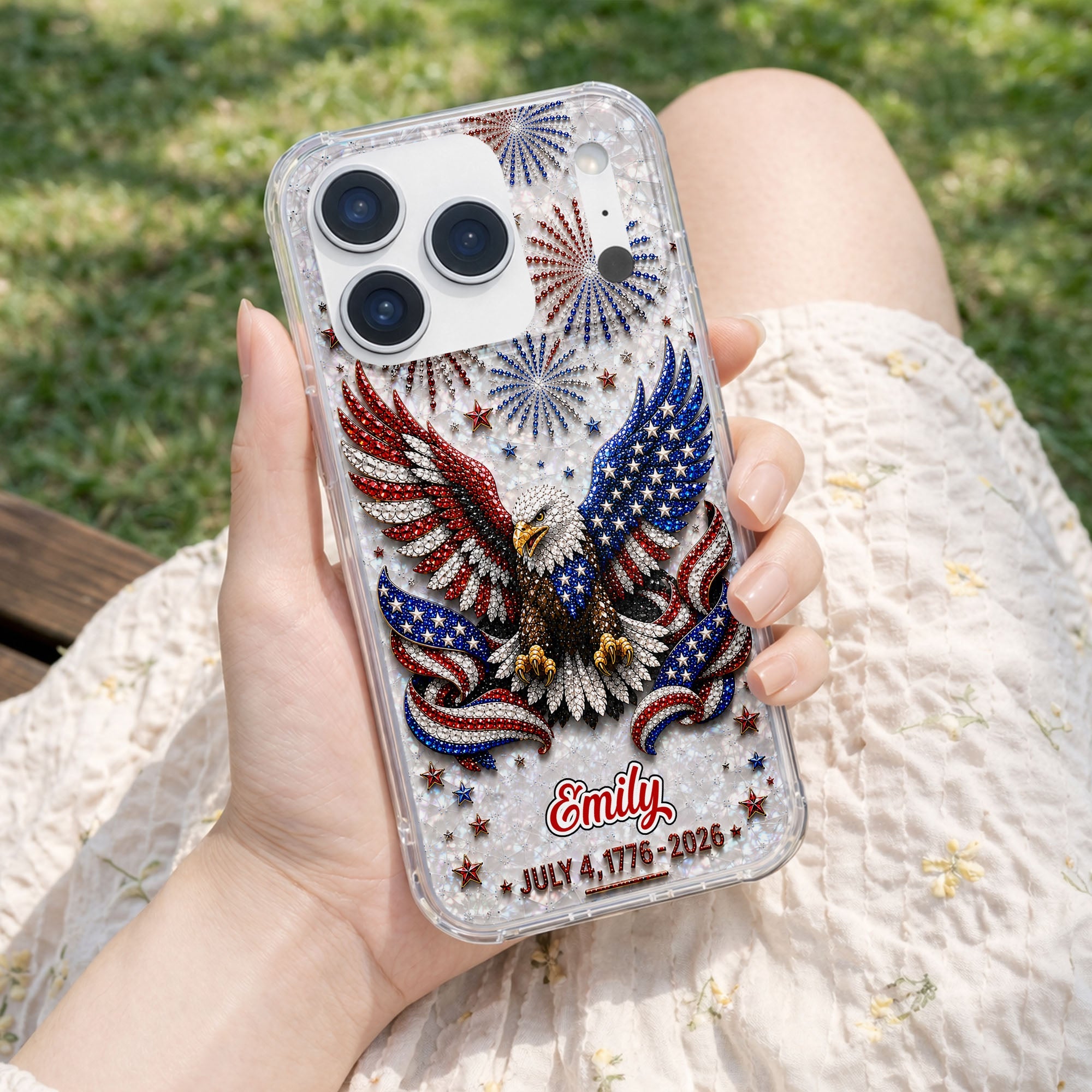 Personalized Clear Phone Case with Bald Eagle American Flag for 4th of July Clear Phone Case GradoCreations