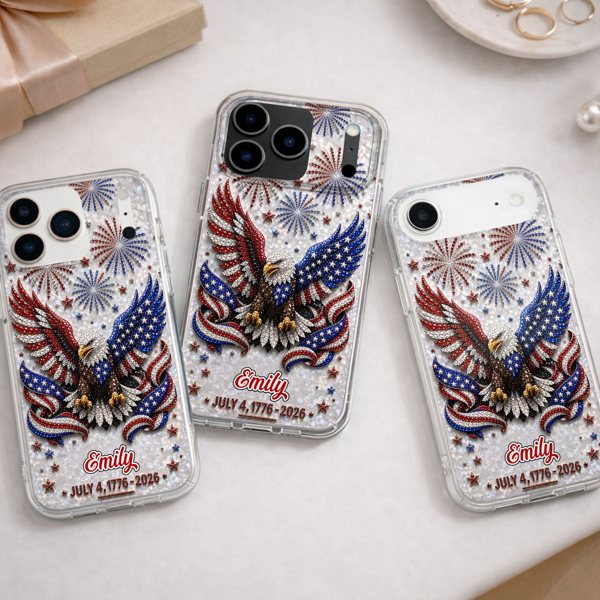 Personalized Clear Phone Case with Bald Eagle American Flag for 4th of July Clear Phone Case GradoCreations