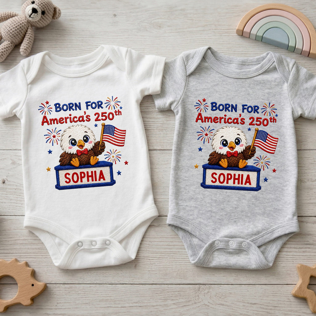 Personalized Baby Onesie Custom Name Eagle Flag Gift for July 4th Baby Onesie GradoCreations