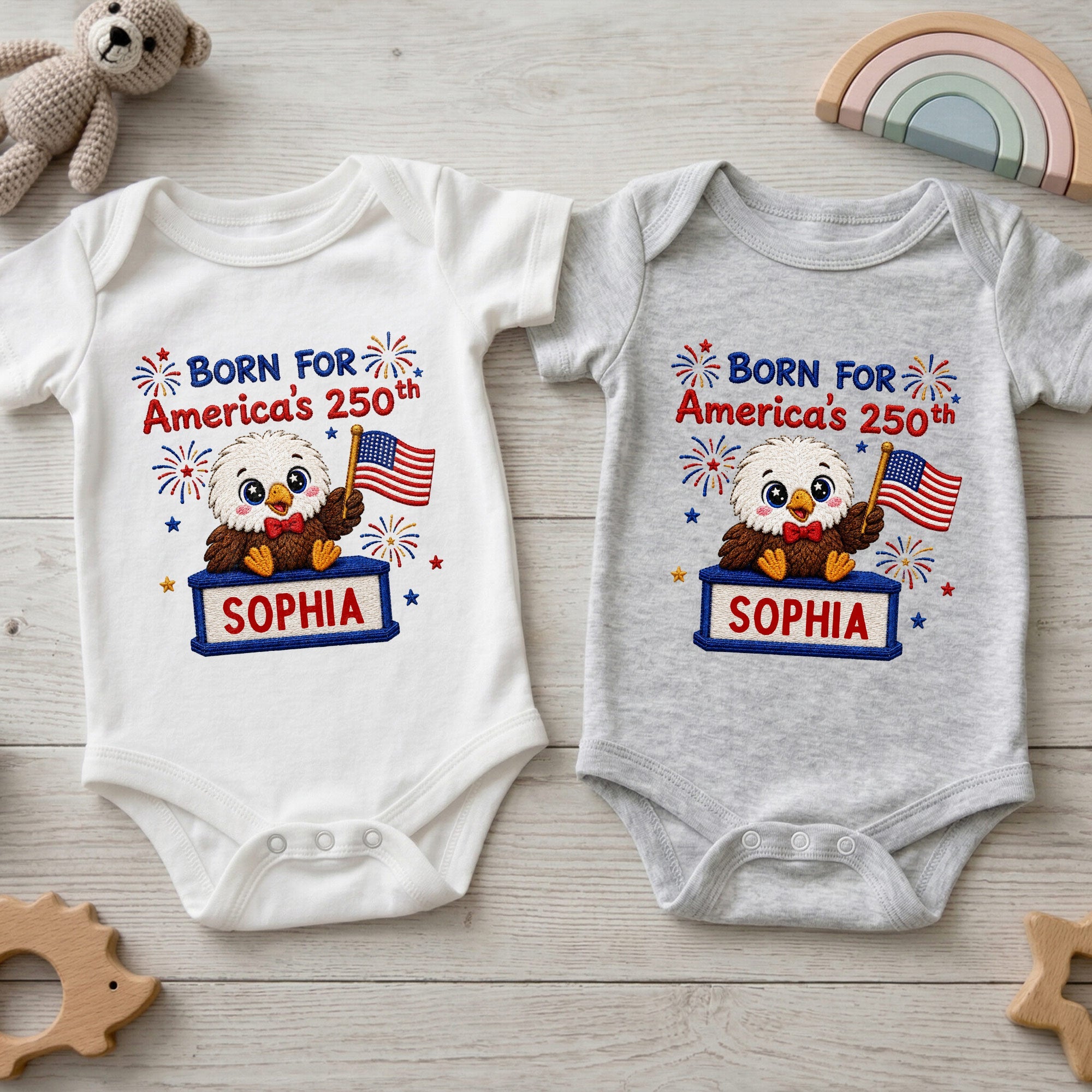 Personalized Baby Onesie Custom Name Eagle Flag Gift for July 4th Baby Onesie GradoCreations